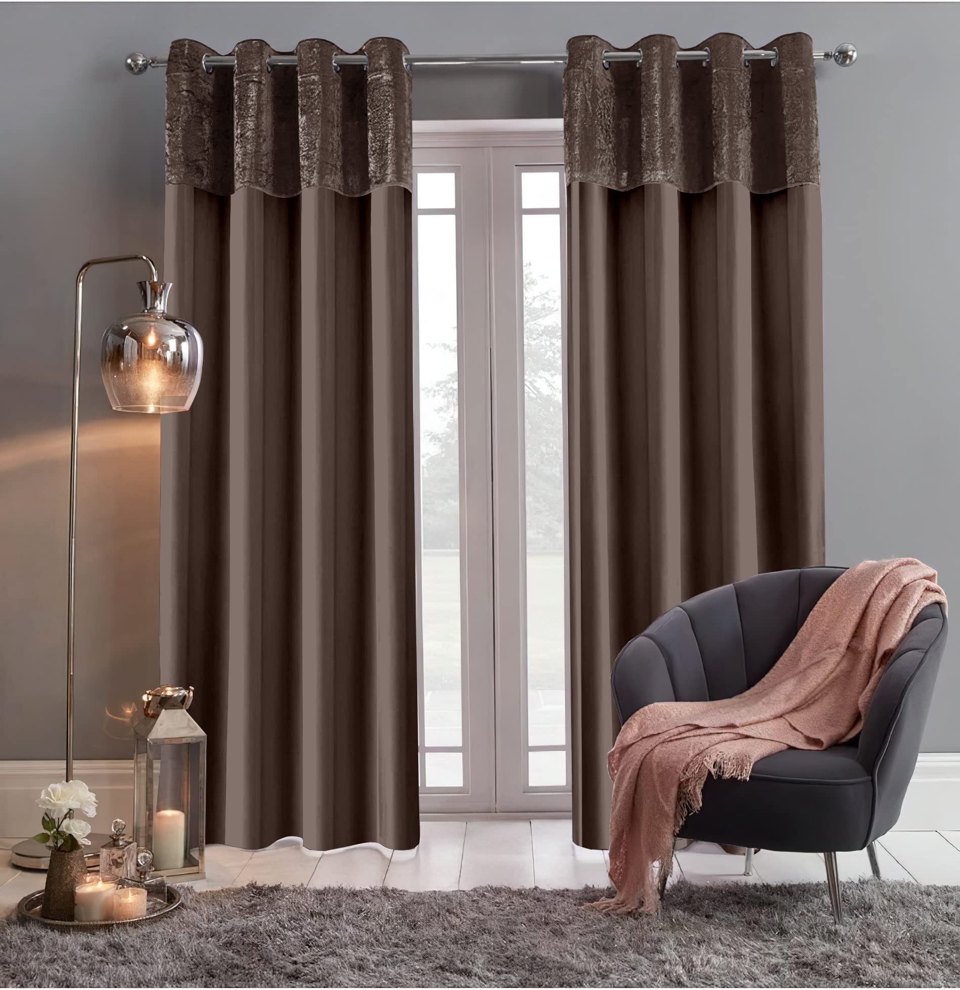 Roseley Brown Crushed Velvet Band Curtains Eyelet Ring Top 2 Panels Fully Lined Faux Silk Window Treatment Elegant Solid Colours (46 X 54'' )