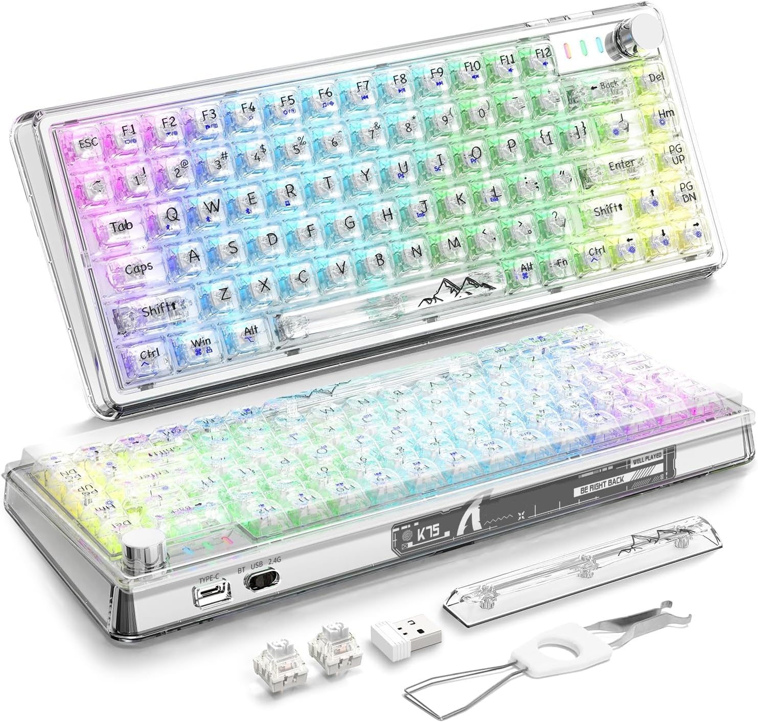 Azonee K75 PRO 75% Custom Mechanical Keyboard with Knob, Gasket Mounted TKL 82Keys Hot Swap Keyboard, Transparent Keycaps, QMK/VIA Support, Custom RGB, 2.4GHz/BT5.0/USB-C for Win & Mac