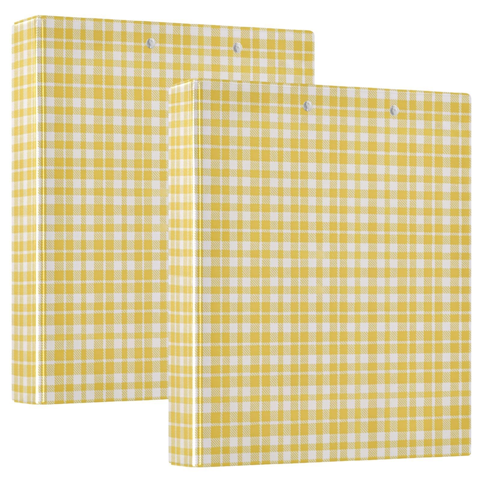 FLildon Yellow Gingham 3 Ring Binders, Round Rings, Holds 200 Sheets, 1.5 Inch 3 Ring Binders with 3 Interior PVC Clear Pockets and Anti-Slip Metal