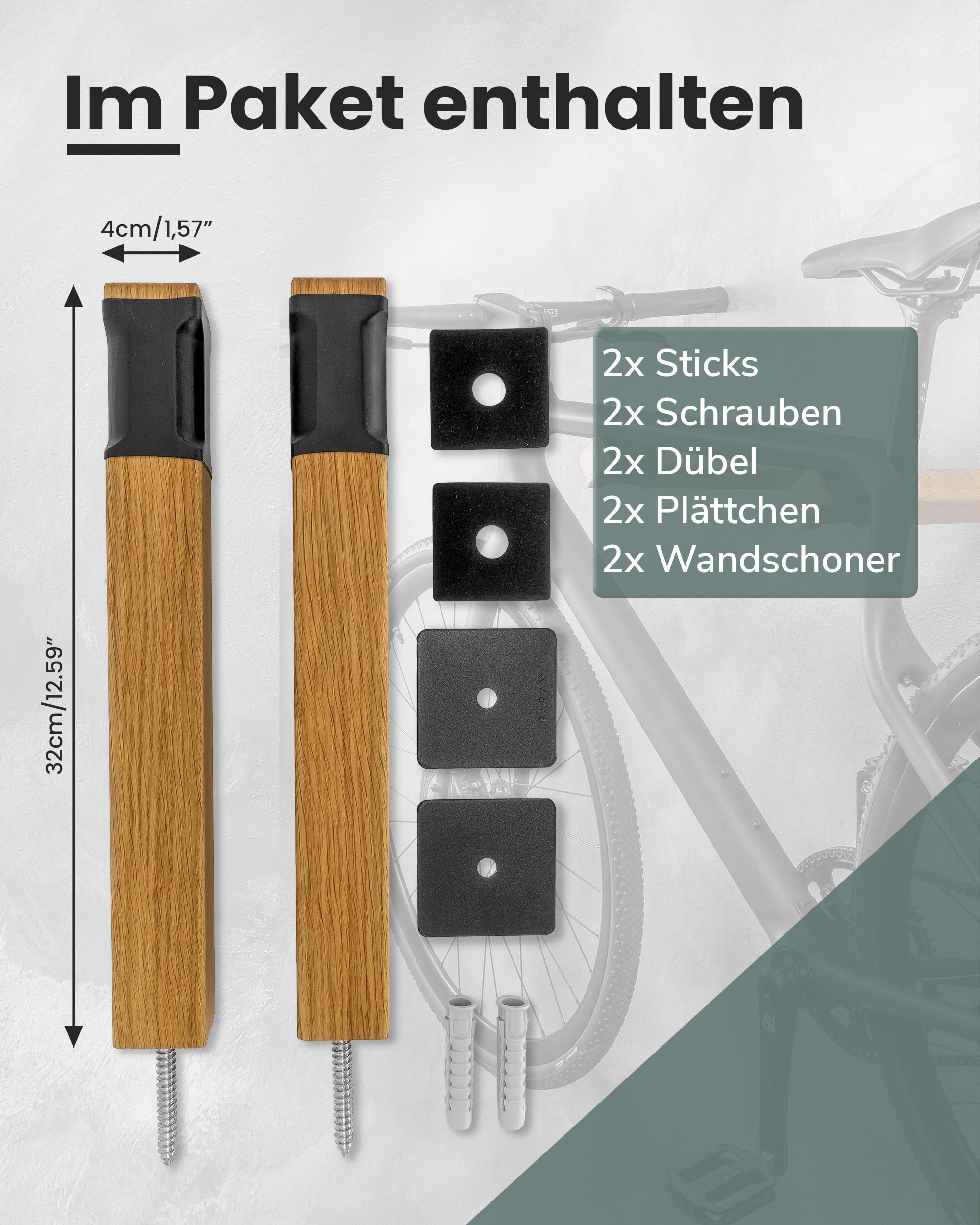PARAX Fahrrad Wandhalterung - Holz und Fahrradschlauch - Fahrradträger Sticks bis 20 kg - Indoor Fahrrad Aufbewahrung