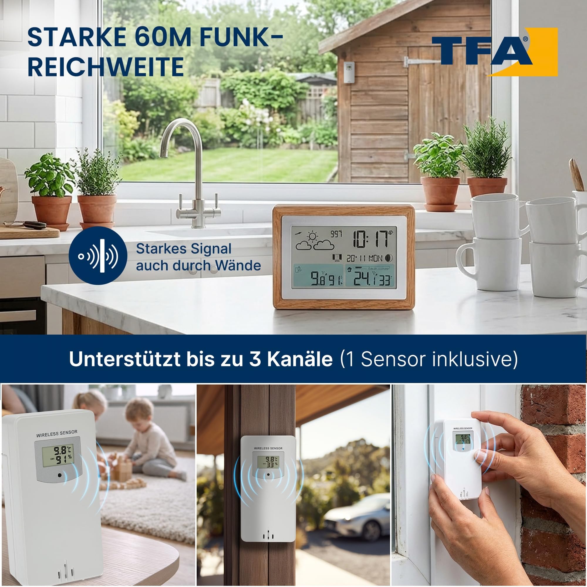 TFA Dostmann Funk-Wetterstation mit Außensensor OAK, 35.1167.54, Wettervorhersage, mit Holz-Rahmen, Innen- und Außentemperatur, Lüftungsempfehlung, dimmbar, inkl Wecker, digital, braun