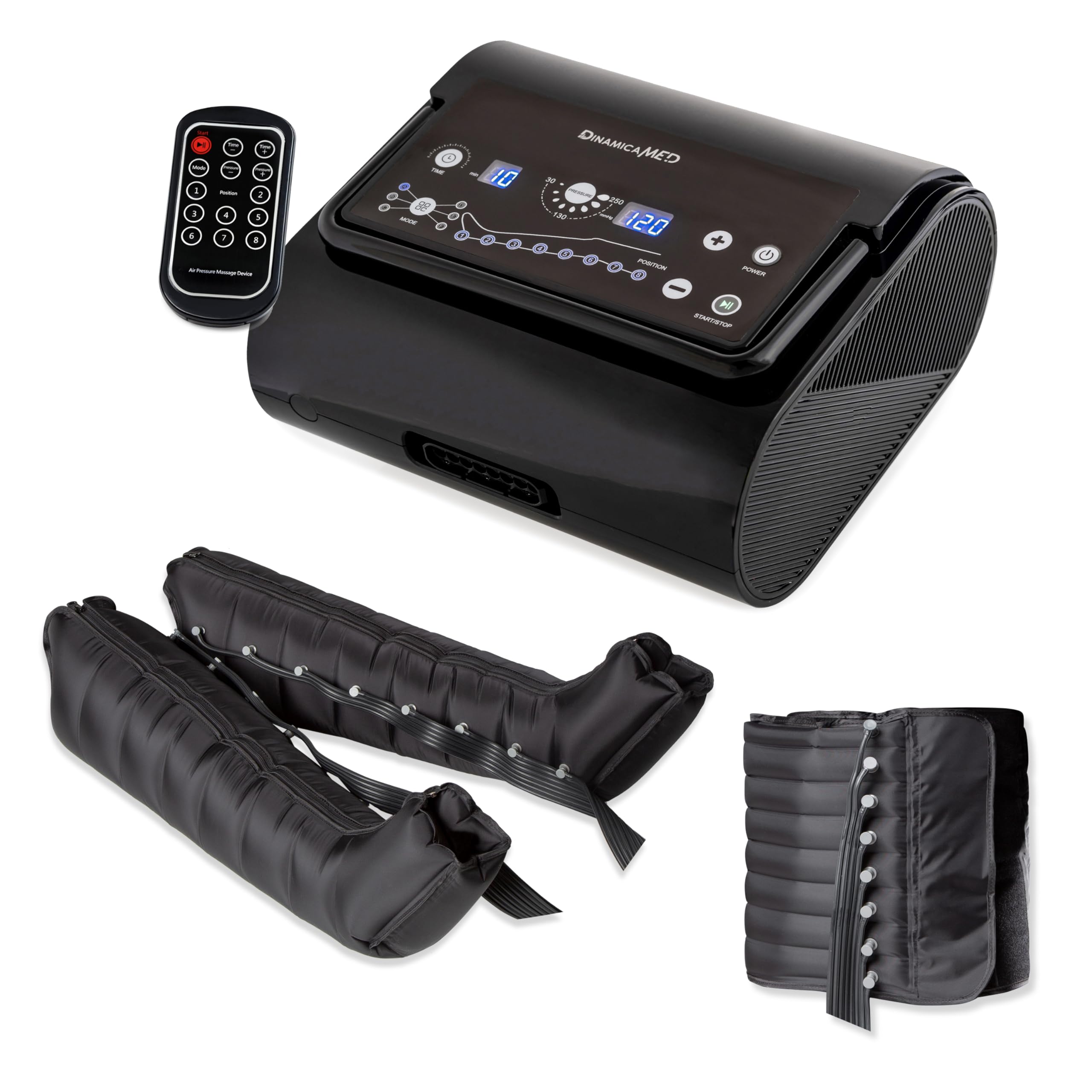 Dinamicamed Premium 8.0 – Máquina de presoterapia para casa con drenaje linfático, 8 cámaras de aire, Piernas XL y Faja Abdominal