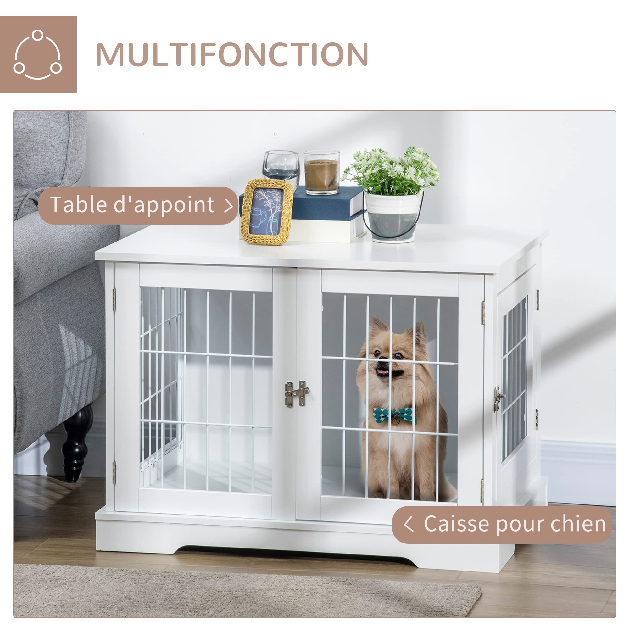 PawHut Cage pour Chien Animaux 2 en 1 Table d'appoint Meuble Cage Chien intérieur avec 2 Portes verrouillables - dim. 76L x 54.5l x 56H cm - Métal et MDF