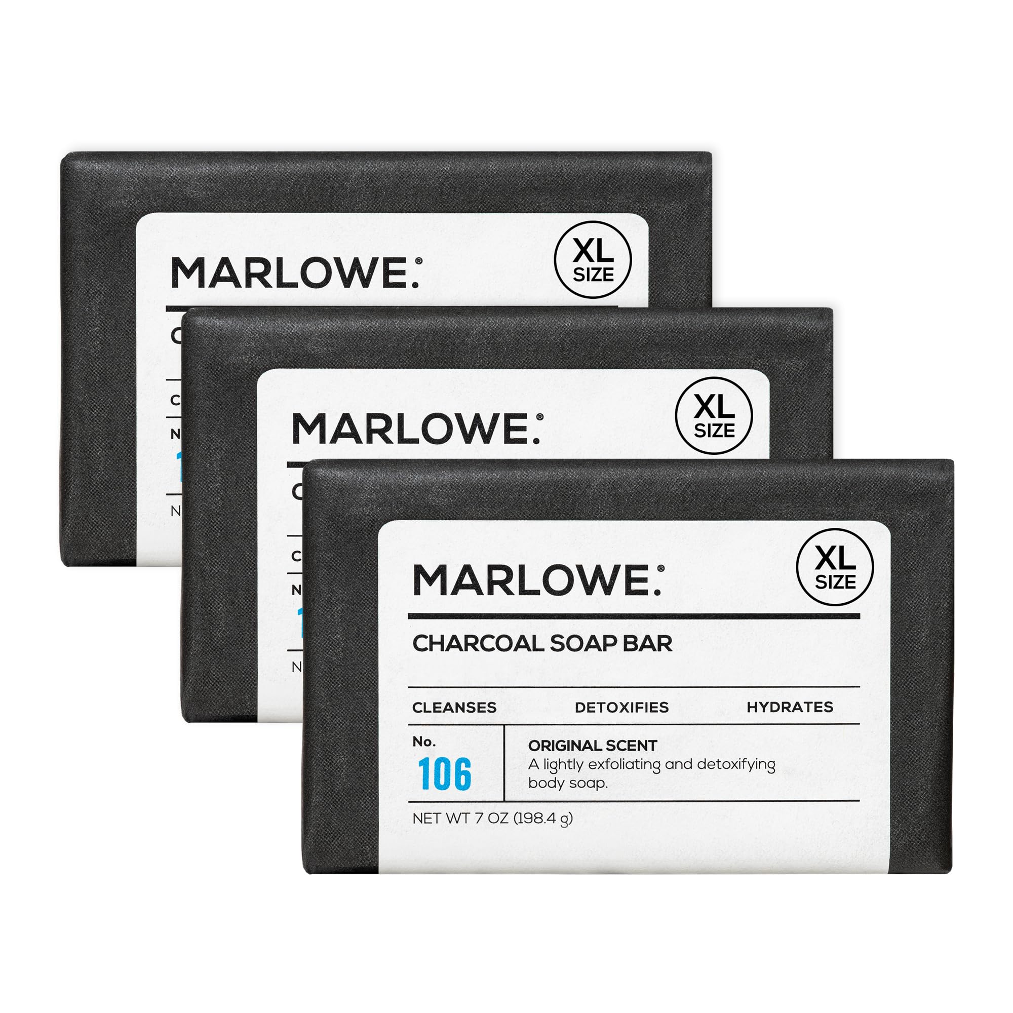 MARLOWE No 106 Charcoal Soap 7 oz 3 Bars Body Bar Soap for Men Cleansing Purifying Hydrating with