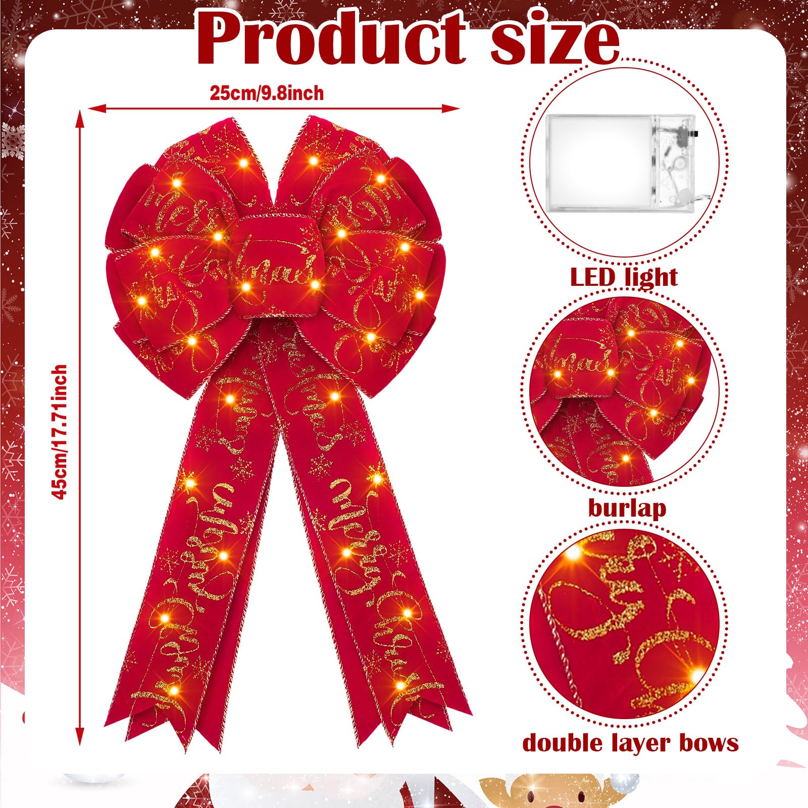 Wettal 2 Pcs Lighted Christmas Bows LED Tree Topper Decoration 18 x 10'' Large Glitter Xmas Wreath Bow Winter Front Door Ornaments for Wreath Indoor Outdoor Party(Red, Classic Style)
