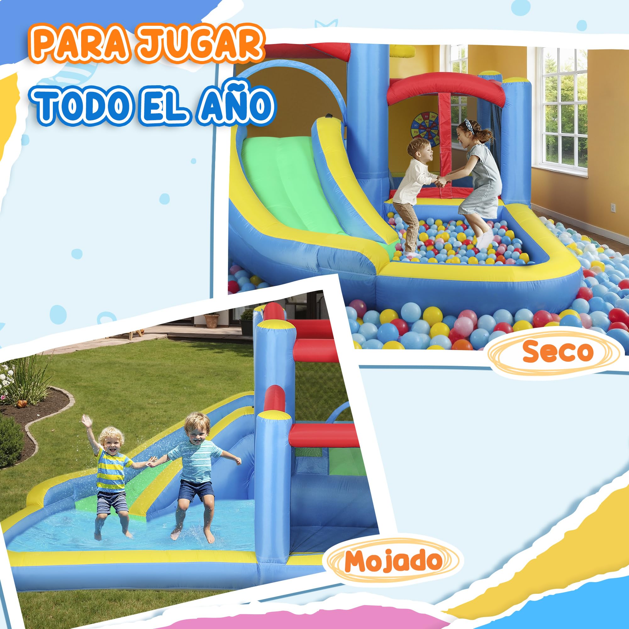AIYAPLAY Castillo Hinchable con Soplador 5 en 1 Parque Acuático Hinchable para Niños con Tobogán Piscina Diana y Canasta para Exterior Interior 385x290x180 cm