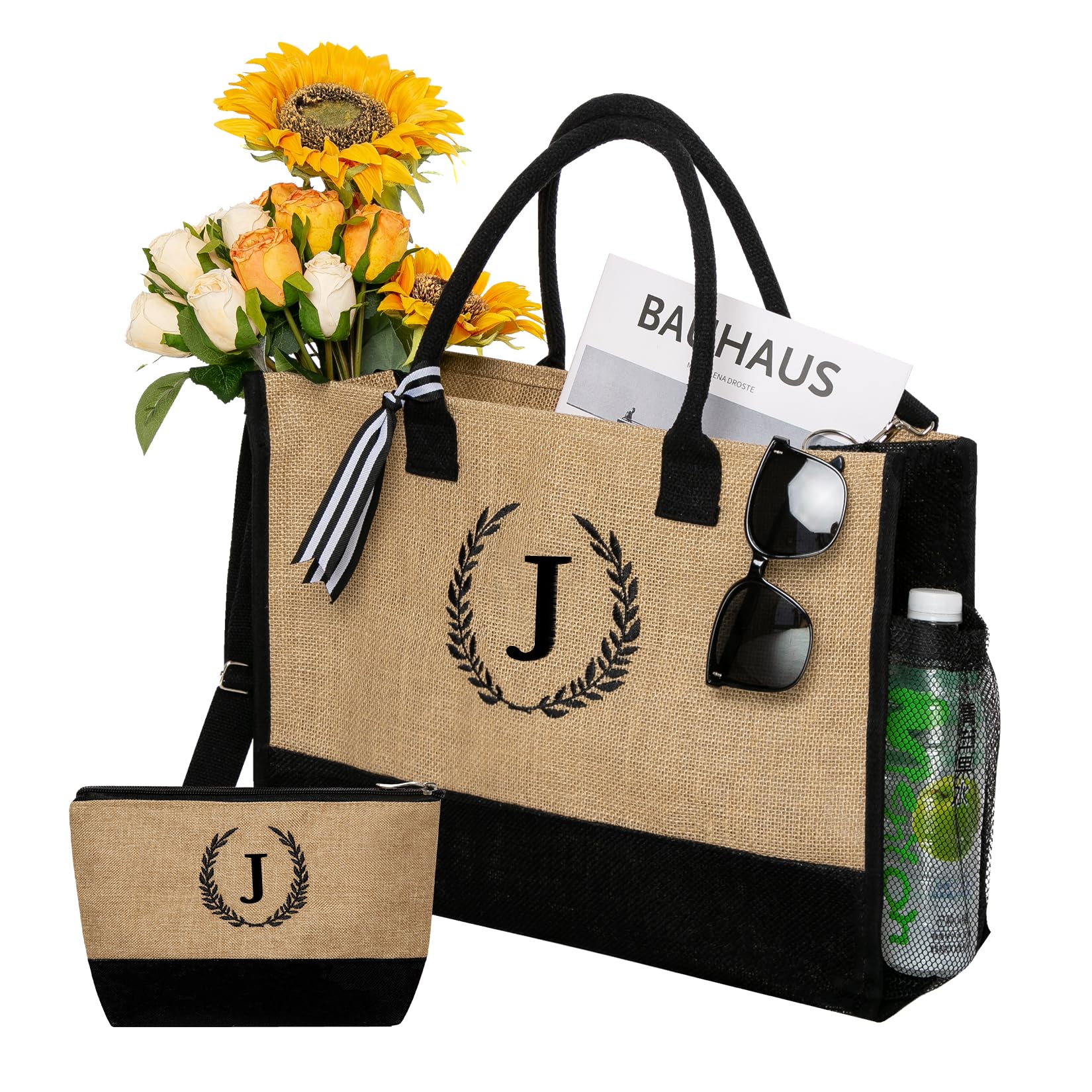 Personalized Gifts Monogram Beach Tote Bag with Zipper for Women, Birthday Gifts for Women