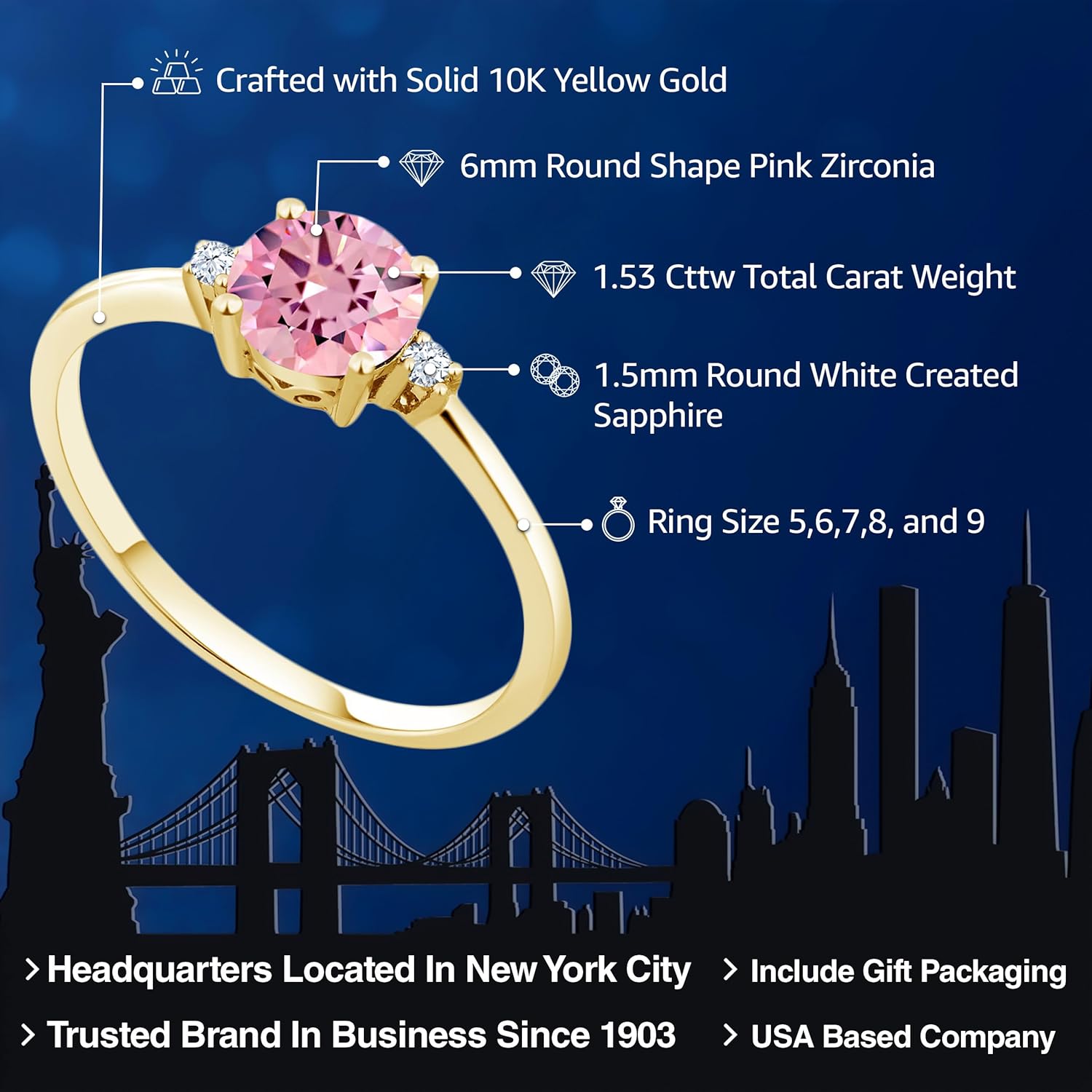 Gem Stone King 10K Yellow Gold Pink Zirconia and White Created Sapphire Solitaire Engagement Ring For Women (1.53 Cttw, Round 6MM, Gemstone Birthstone) - Image 2