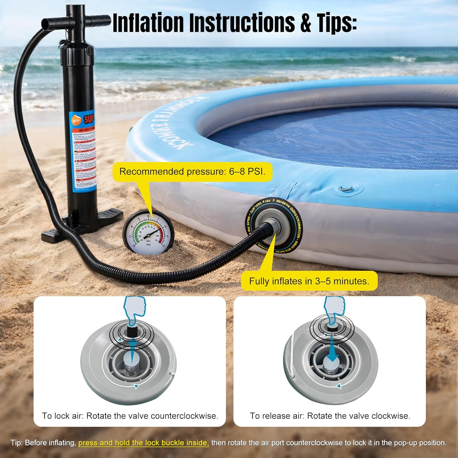 Round Floating Ring Inflatable Water Hammock 8FT & Floating Dock – Adult Air Platform & Island Raft Mat, Sunbathing, Swim Platform, Detachable Ladder & Carry Bag