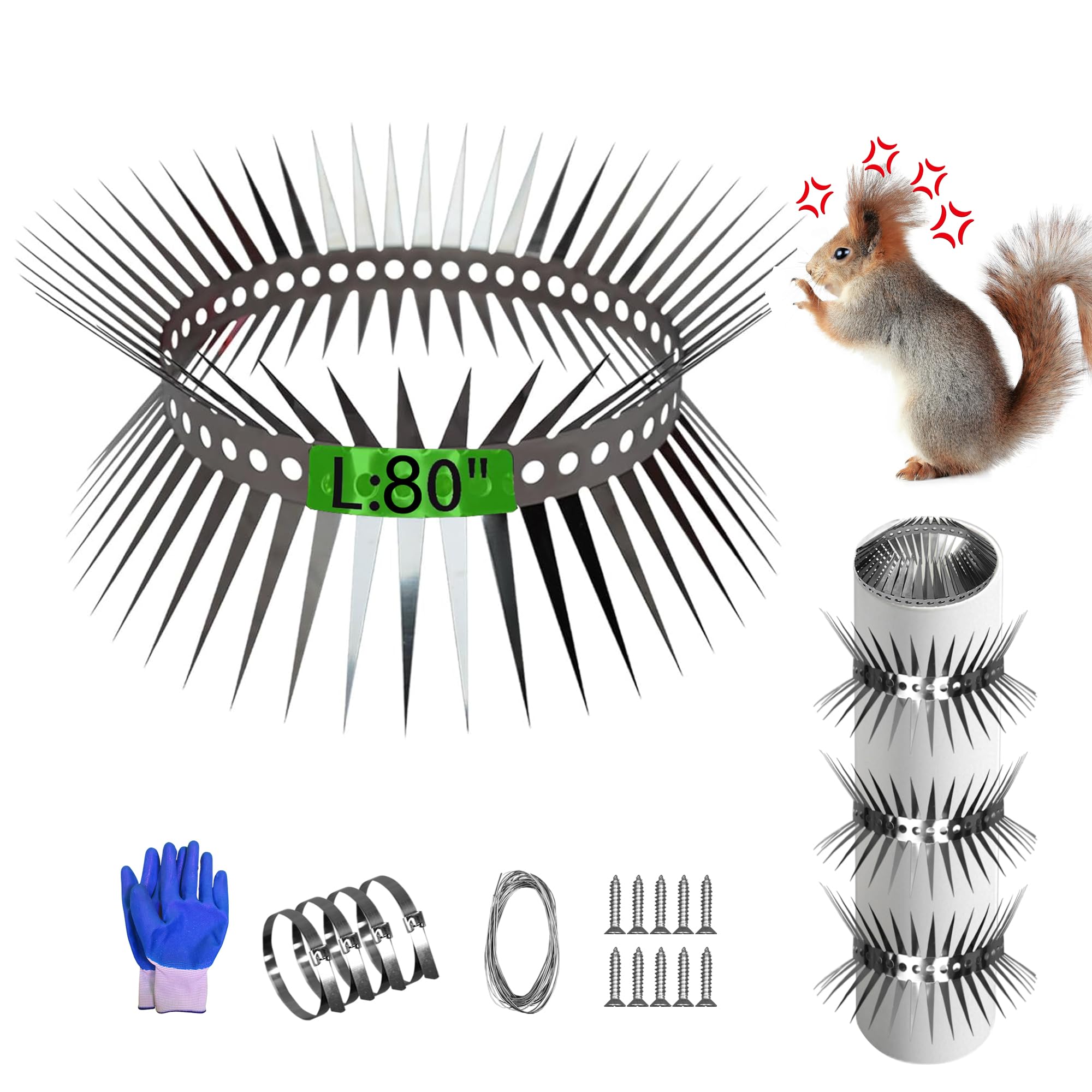 Raccoons Squirrel Baffle Spikes Deterrent, 80in Stainless Steel Pigeons Bird Spikes, Avoided Snakes, Cats, Bird Nests on Fences/Eaves/Porch/Windowsills, Protect Bird Feeder Pole