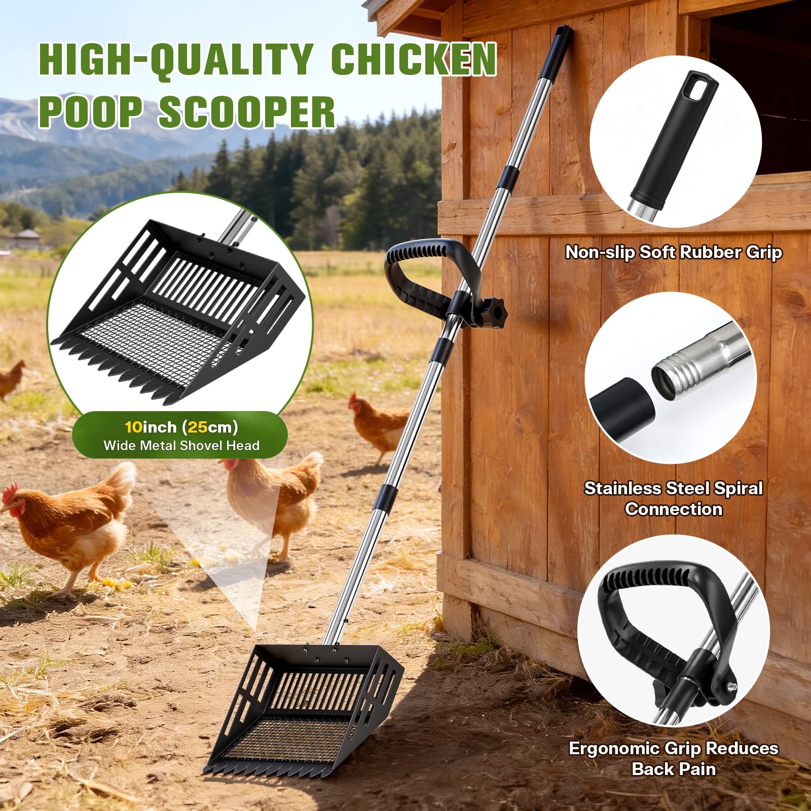 Recogedor de Excrementos de Pollo de 25 cm de Ancho, Recogedor para Gallinero 4 en 1, Recogedor Eesmontable para Cribar Excrementos, con Mango de 60-160 cm de Largo para Gallinero, Establo