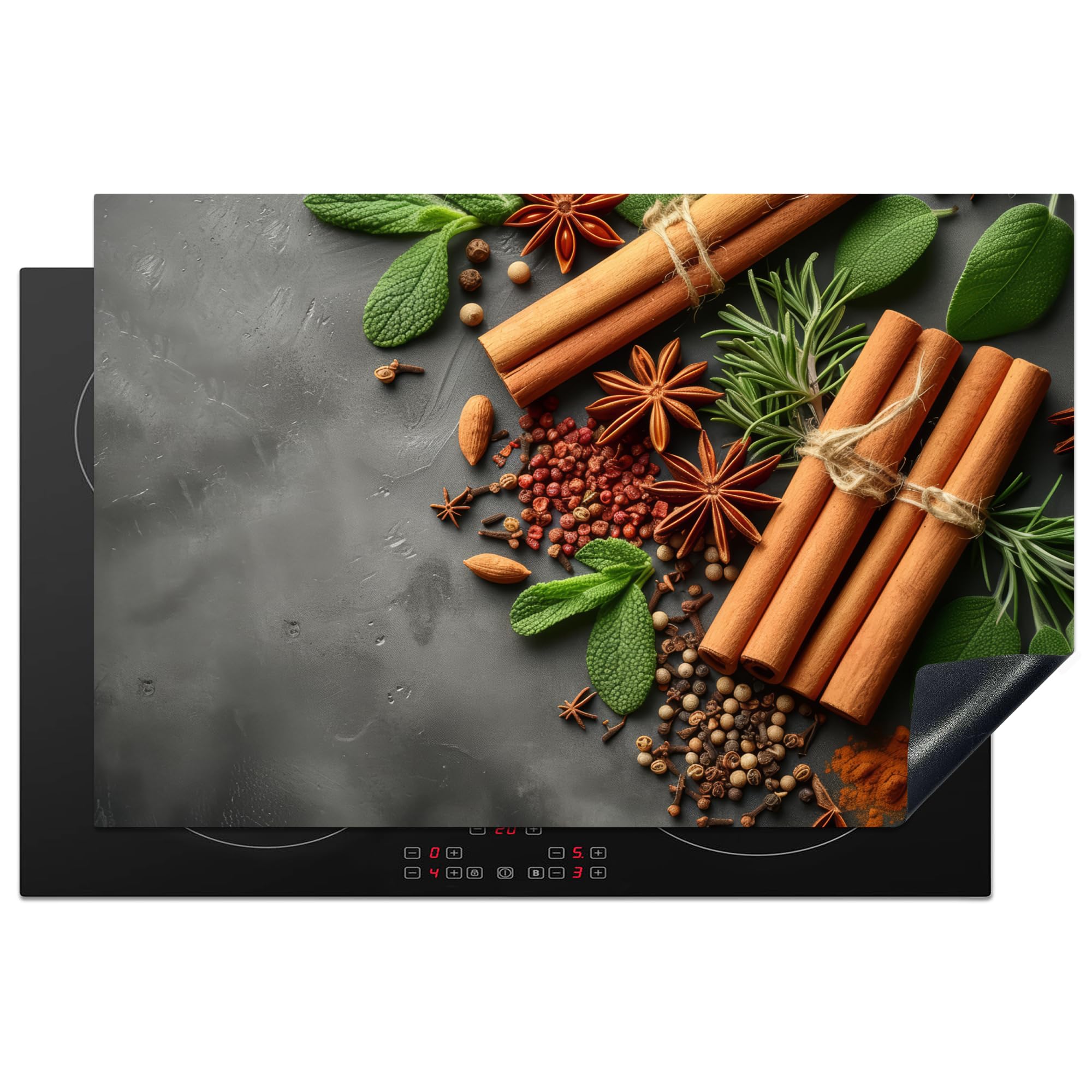 KitchenYeah© Induction Hob Cover Protector Mat 20.5"x31.9" / 81x52 cm Kitchen Universal Ceramic Covers for Electric Cookers Vinyl Cinnamon - Spices - Concrete - Leaves - Cuisine
