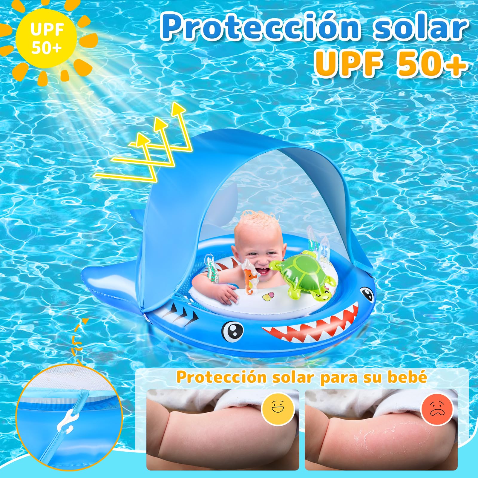 IEEILULU Flotador Bebe con Sombrilla, Flotador Antivuelco Bebe, Ajustable Sombrilla UPF50+ Flotador Piscina con Juguete en Forma de C de Tortuga y Pegatina de Reparación para 3-36 Meses