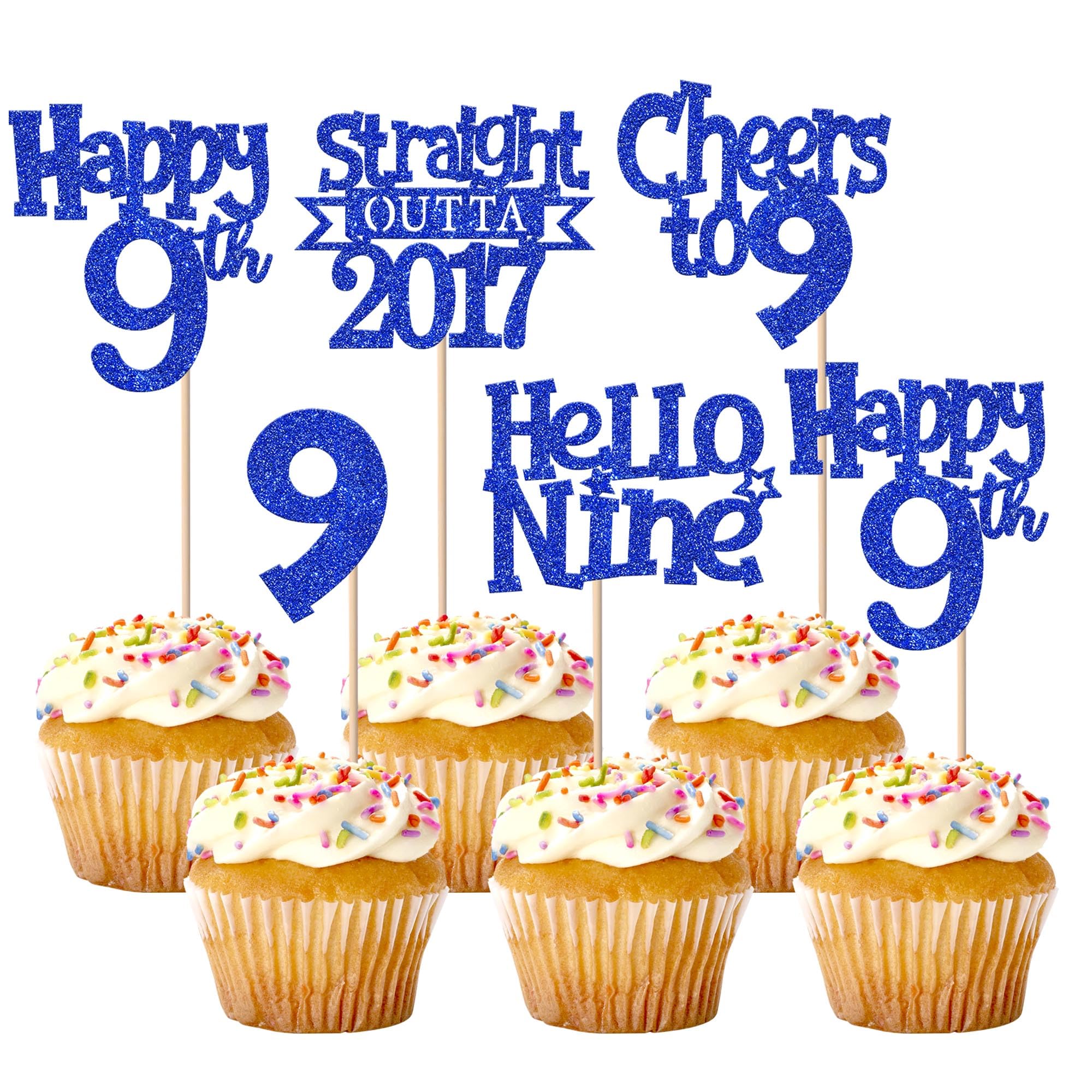 SYKYCTCY 30 Pack Straight Outta 2017 Cupcake Toppers Glitter Hello Nine Happy 9th Birthday Cupcake Picks Cheers to 9 Years Cake Decorations for Baby Shower Kids 9th Birthday Party Supplies Blue