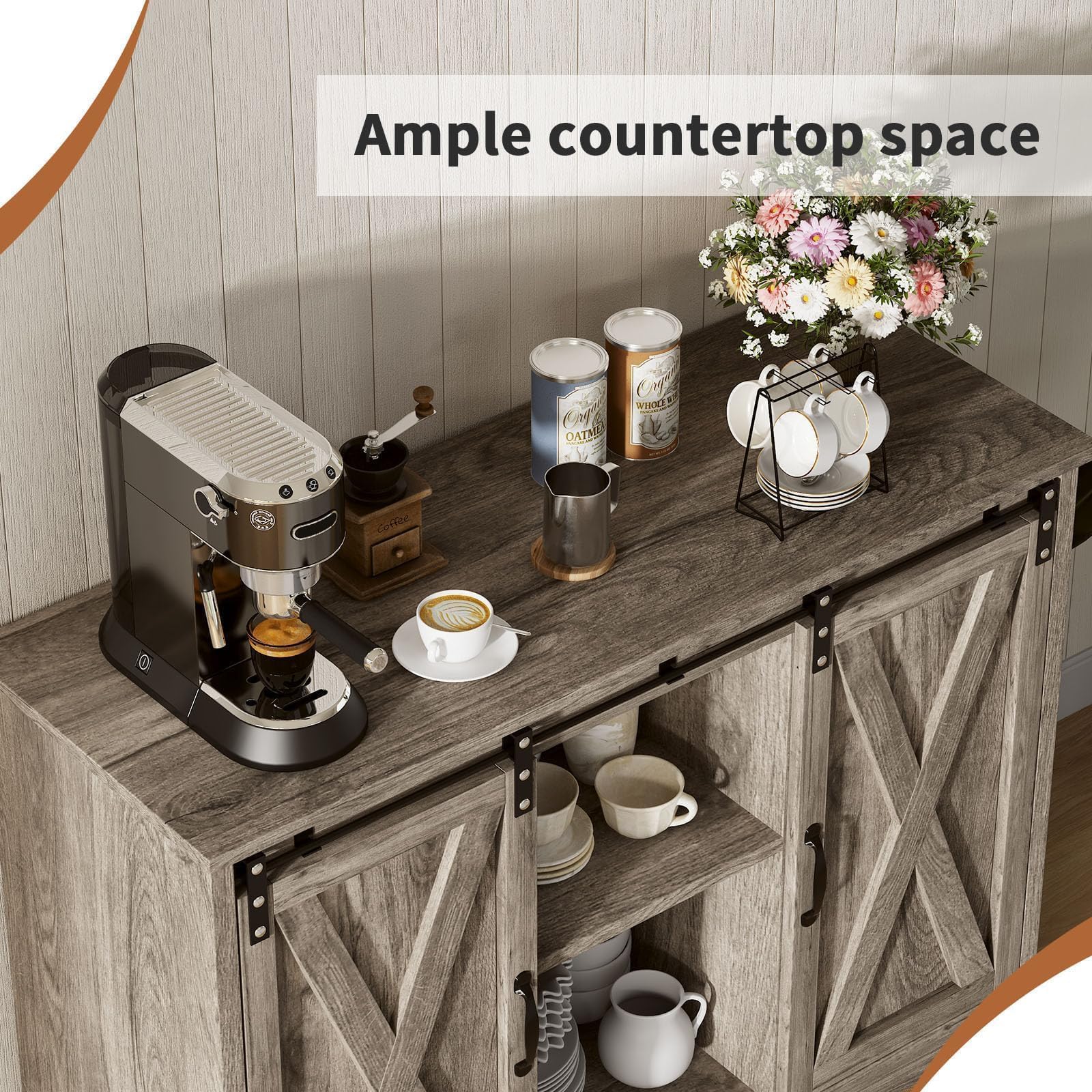 Farmhouse Coffee Bar Buffet Cabinet Sliding Barn Door Adjustable Shelf Grey image 6
