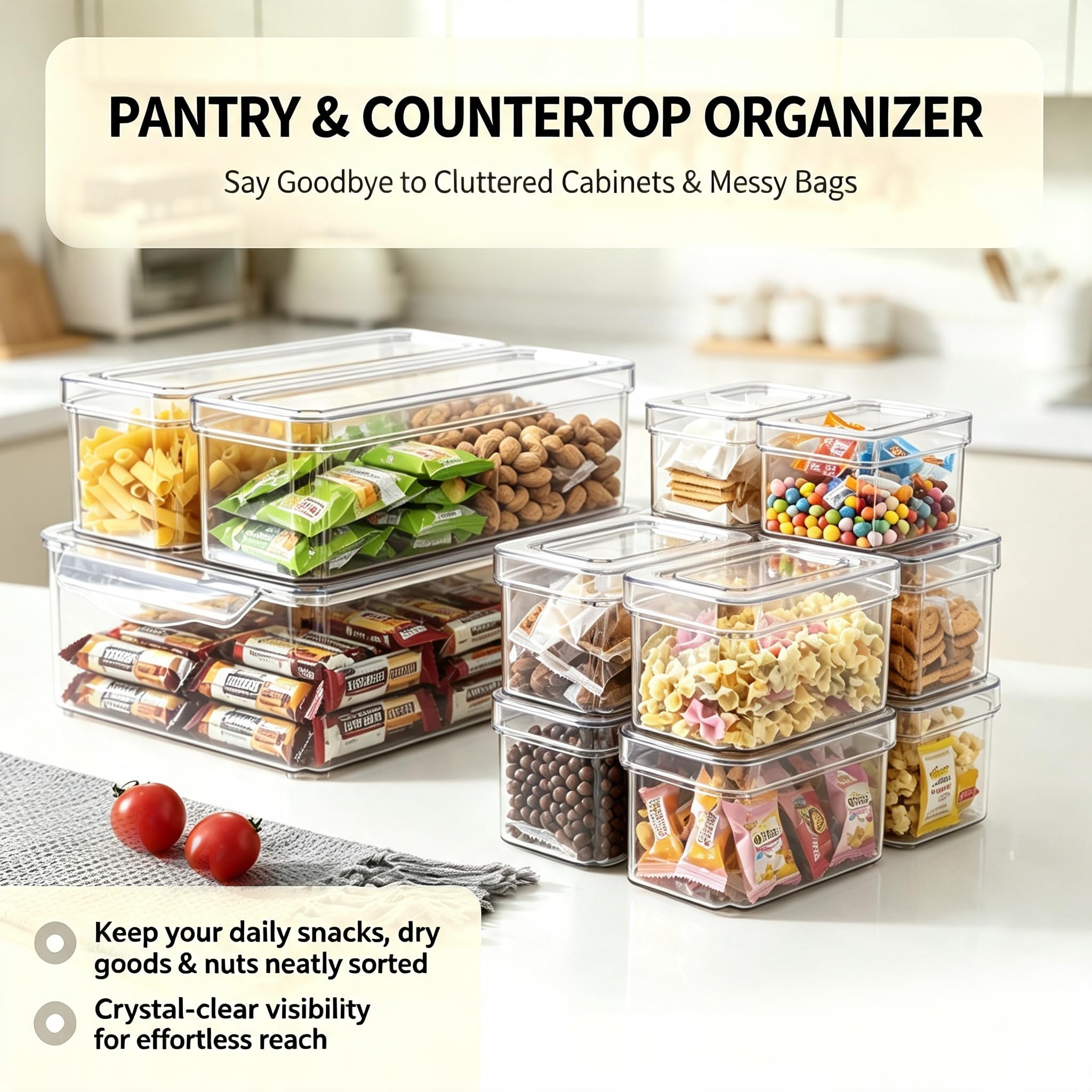 KUMD paquete de 10 Organizador Nevera, contenedores apilables con tapa, transparentes y sin BPA para guardar frutas, verduras, alimentos y bebidas.