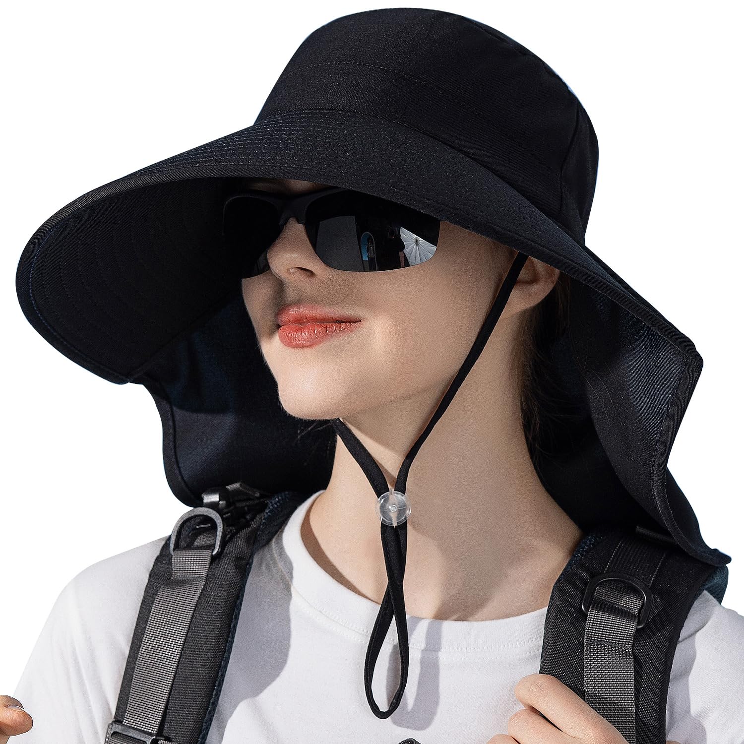 WANYI Sombrero Pescador Mujer Protección UV Gorras Mujer con Protector de Cuello/Agujero para Coleta Sombrero de Cubo para Senderismo, Playa, Camping 55-58CM