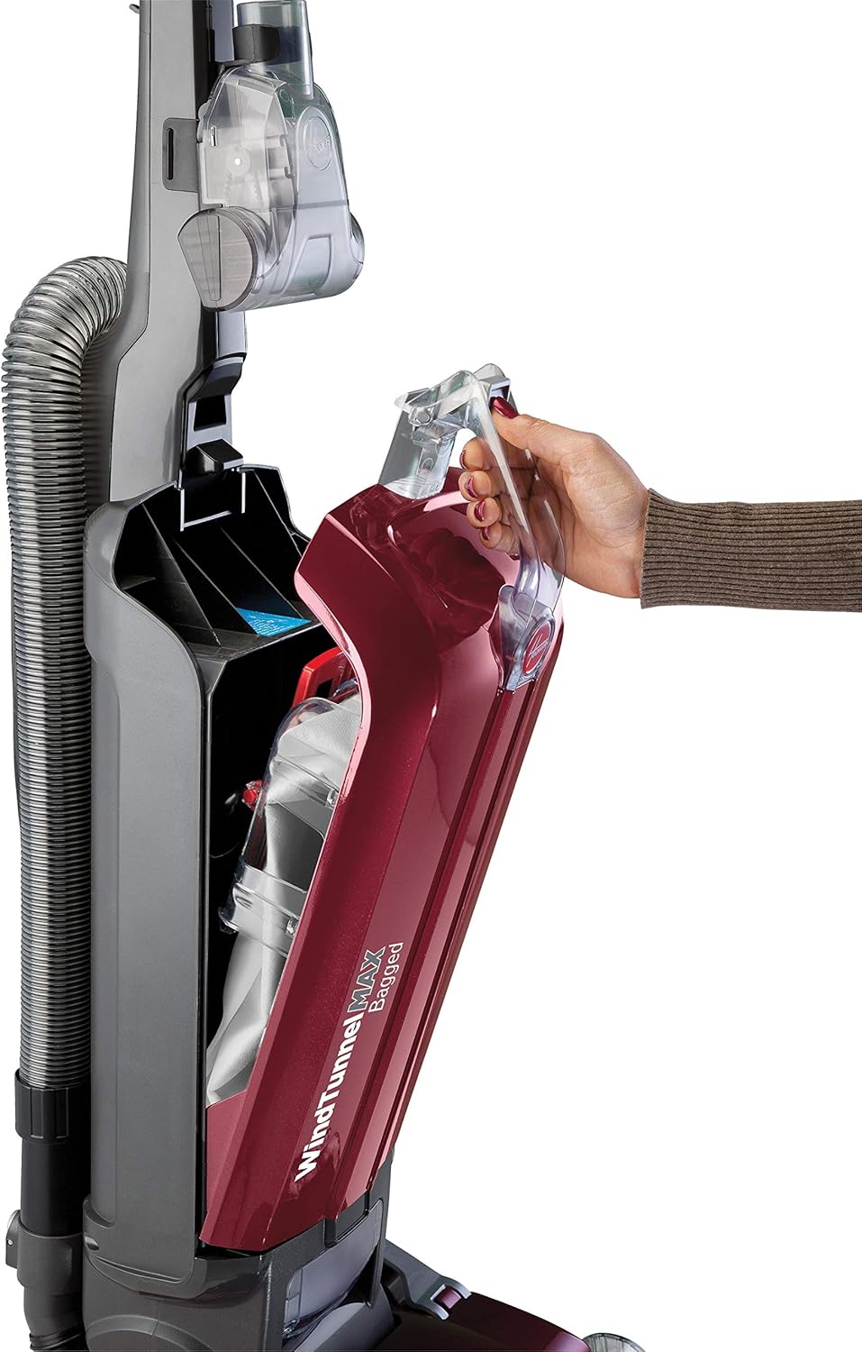 Close-up of vacuum's bag compartment open, showing bag removal