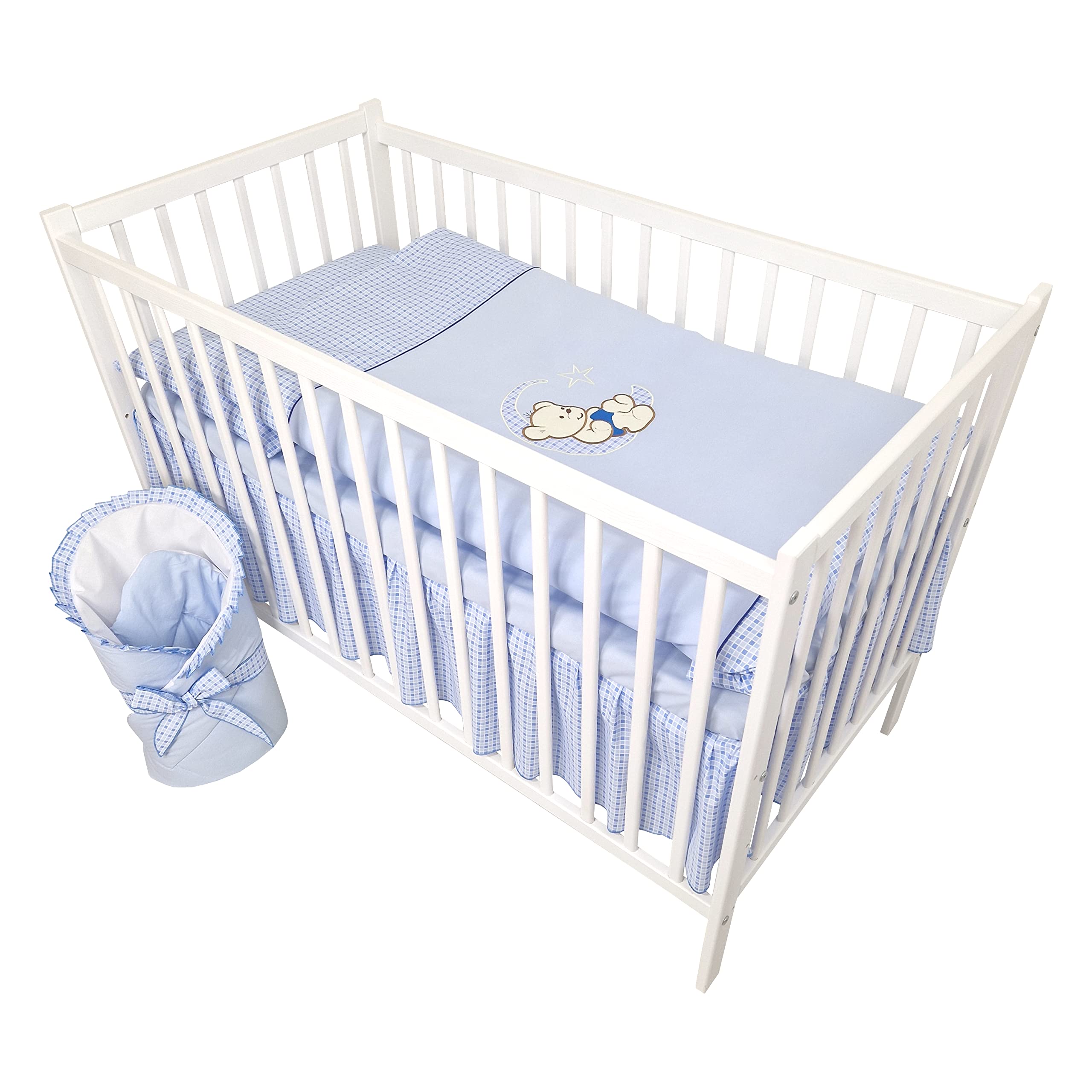 Juego Completo de 14 Piezas de Ropa de Cama de bebé sin Cama Bordado con Osito en la Luna Azul (100x135 cm)