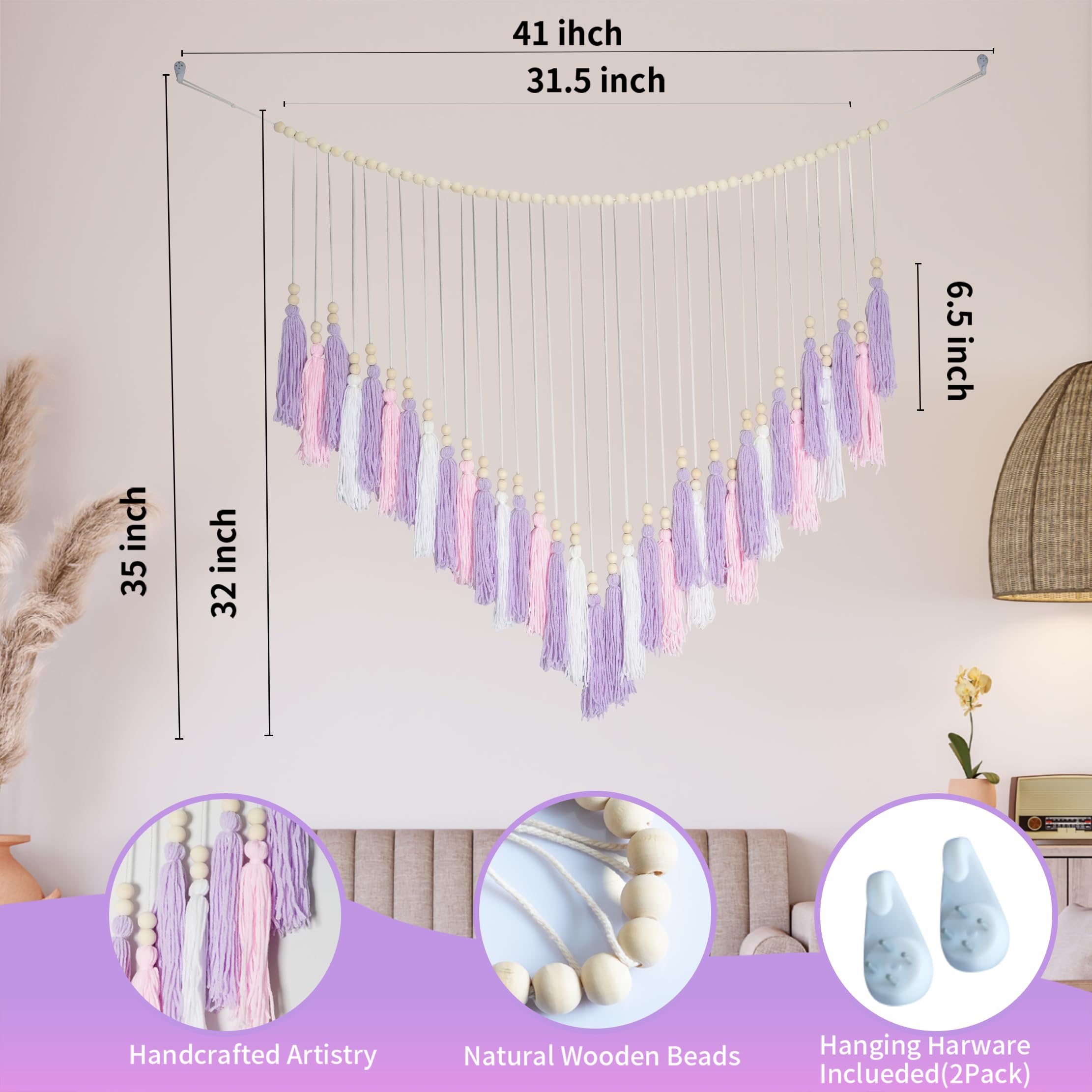 Pink & Purple Macrame Hanging Boho Wall décor, Purple Wall Decor for Bedroom Living Room Girls Room Nursery Large Tassel Hanging with Wood Beads 41