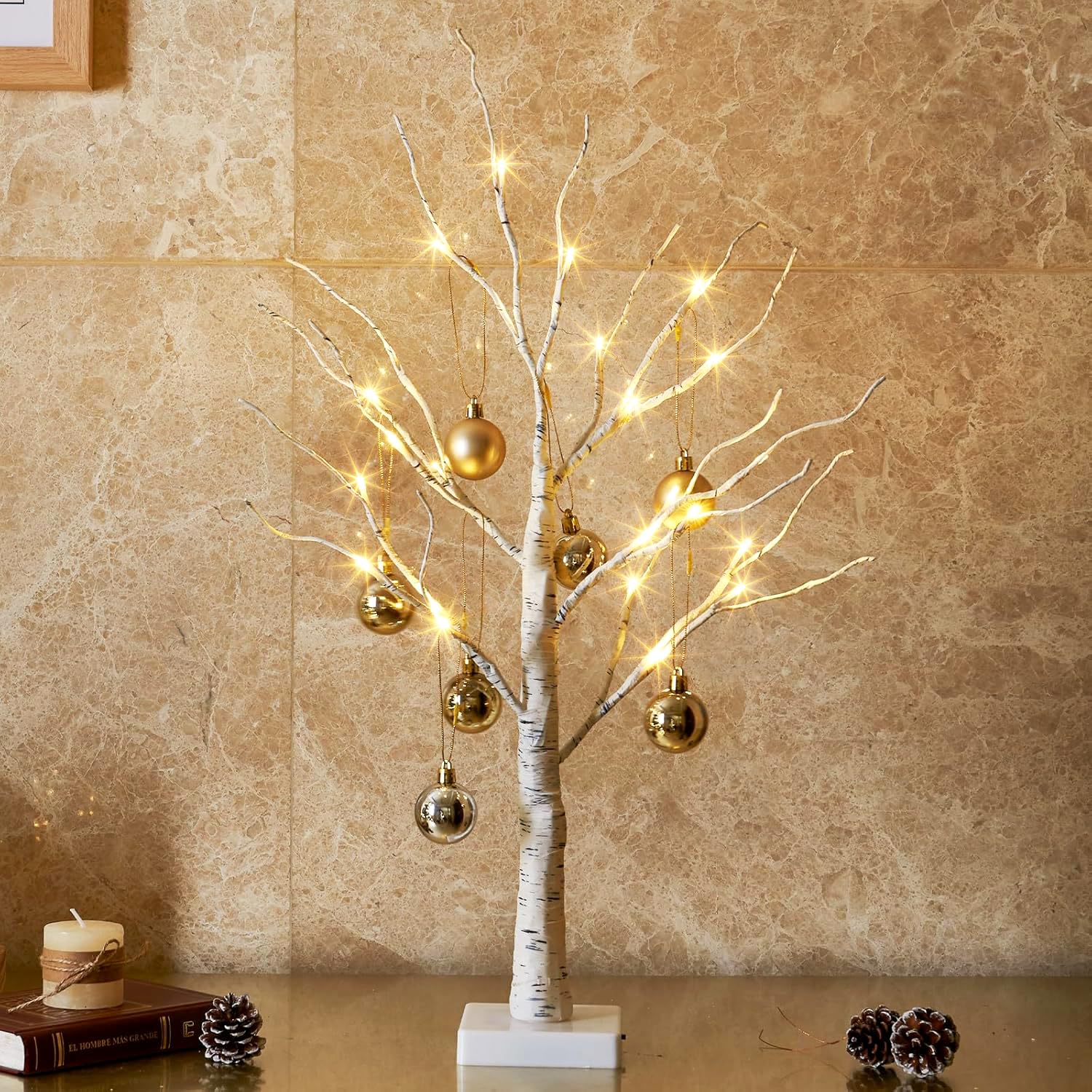Eambrite Small White Christmas Tree Lights with 8 Ornamental Baubles Battery Operated Twig Tree Birch Tabletop Christmas Decorations for Xmas Home Party Wedding（60cm / 2ft, Warm White ）