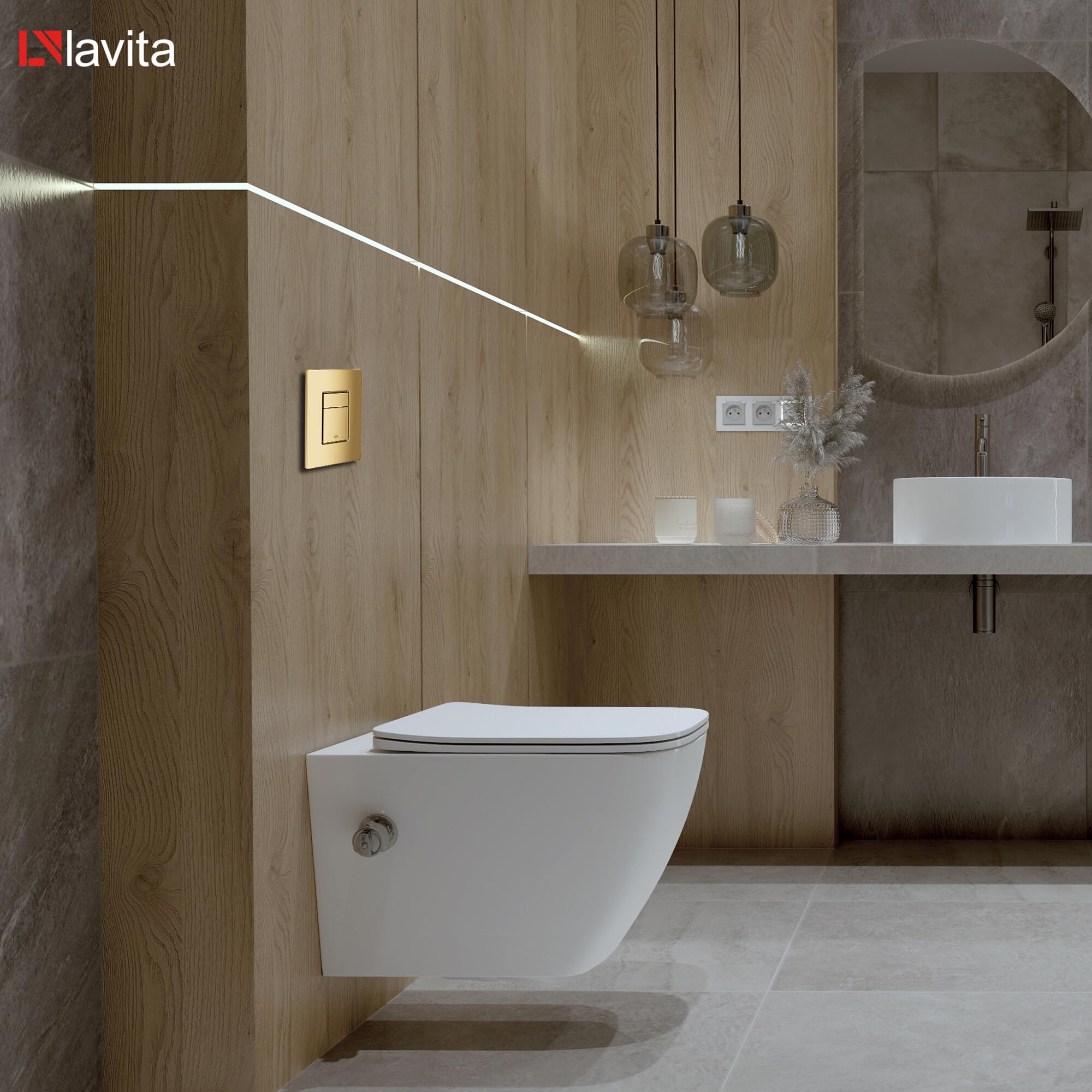 LAVITA | Elemento de pared Solido + pared colgante de inodoro Paraná blanco sin borde + asiento de inodoro de cierre suave | botón dorado | juego completo | cisterna empotrada | inodoro completo