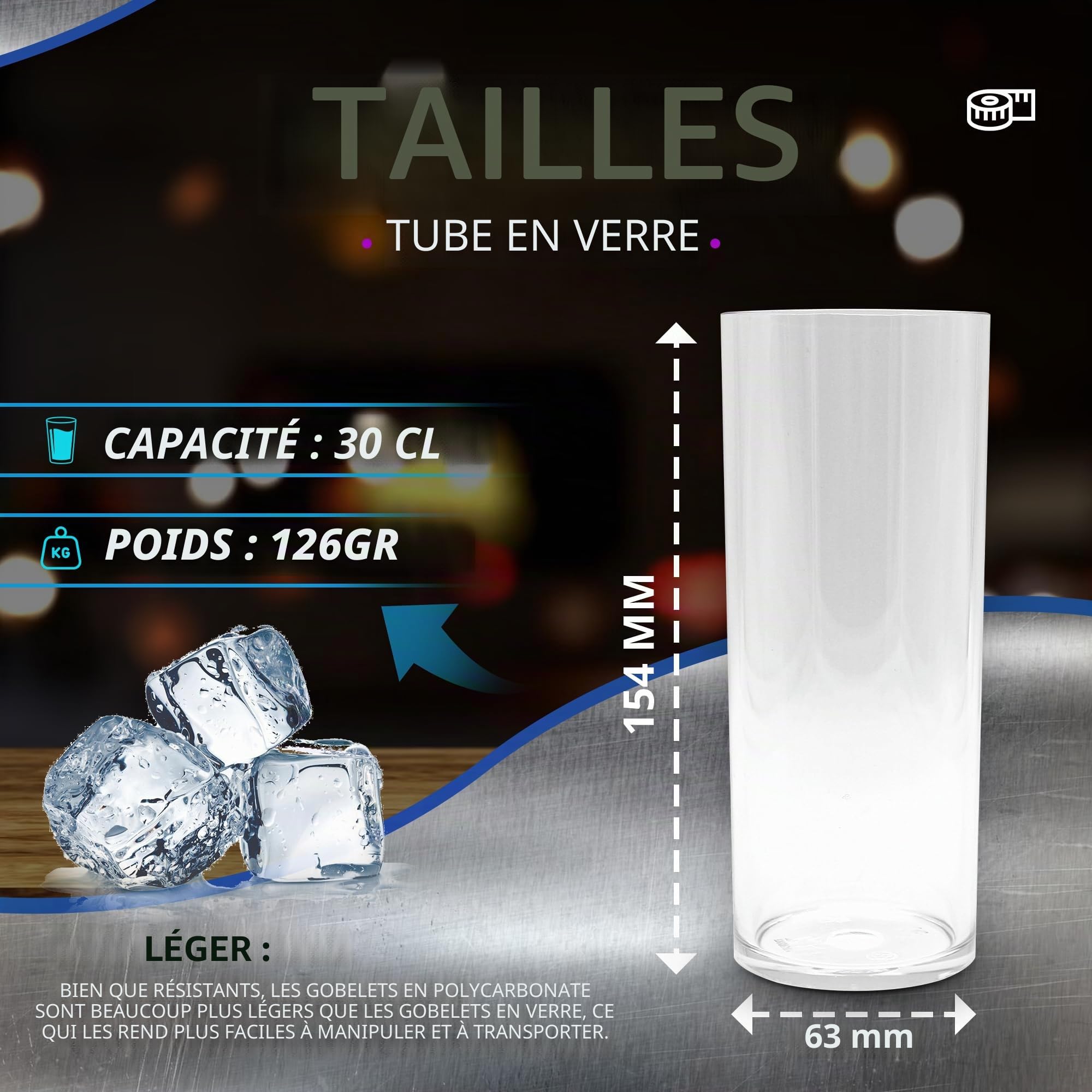 DOJA Barcelona | Tube Long Drink Réutilisable | 30cl | Pack 12 | Gobelet Dur Transparent | 154x63x2mm | Verre Haut Rigide en Polycarbonate | Incassable