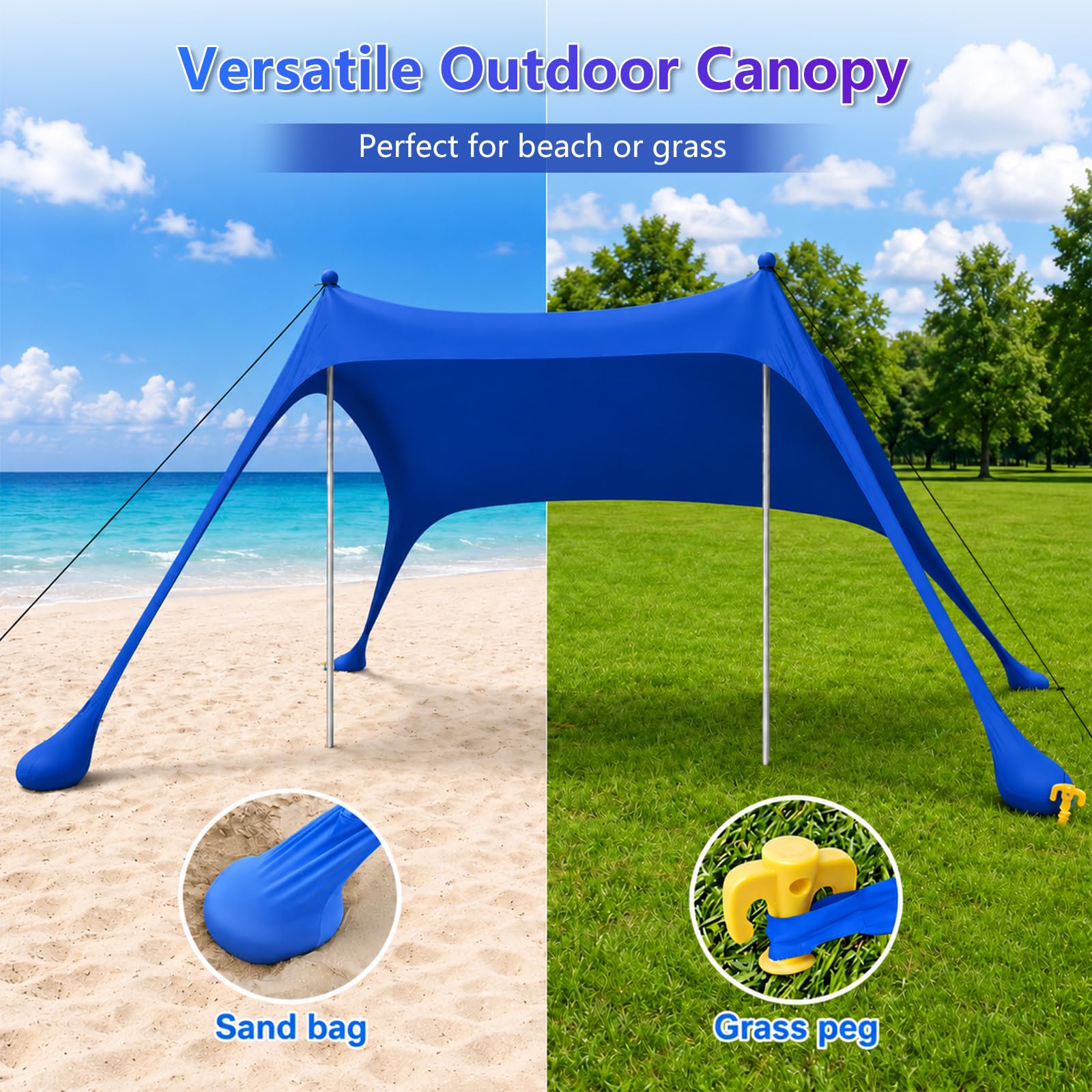 Tenda da spiaggia con protezione dai raggi UV, tenda da sole per gite in campeggio, tenda da spiaggia portatile, tenda da spiaggia con ancora di sabbia, asta in alluminio, 6.5x6.5FT, Blu scuro
