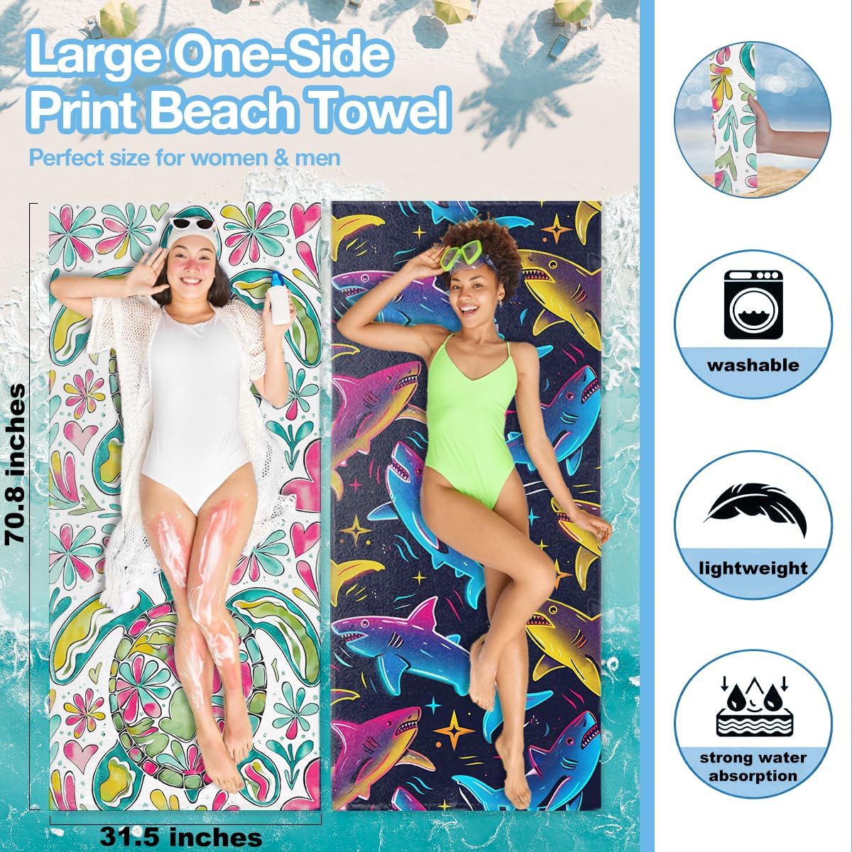 2 Pack Shark Sea Turtle Boho Floral Turtle Beach Towel Microfiber Lightweight Quick Dry Oversized Swim Towels Beach Accessories Cruise Vacation Necessities for Pool Camping Travel 32x71 inch