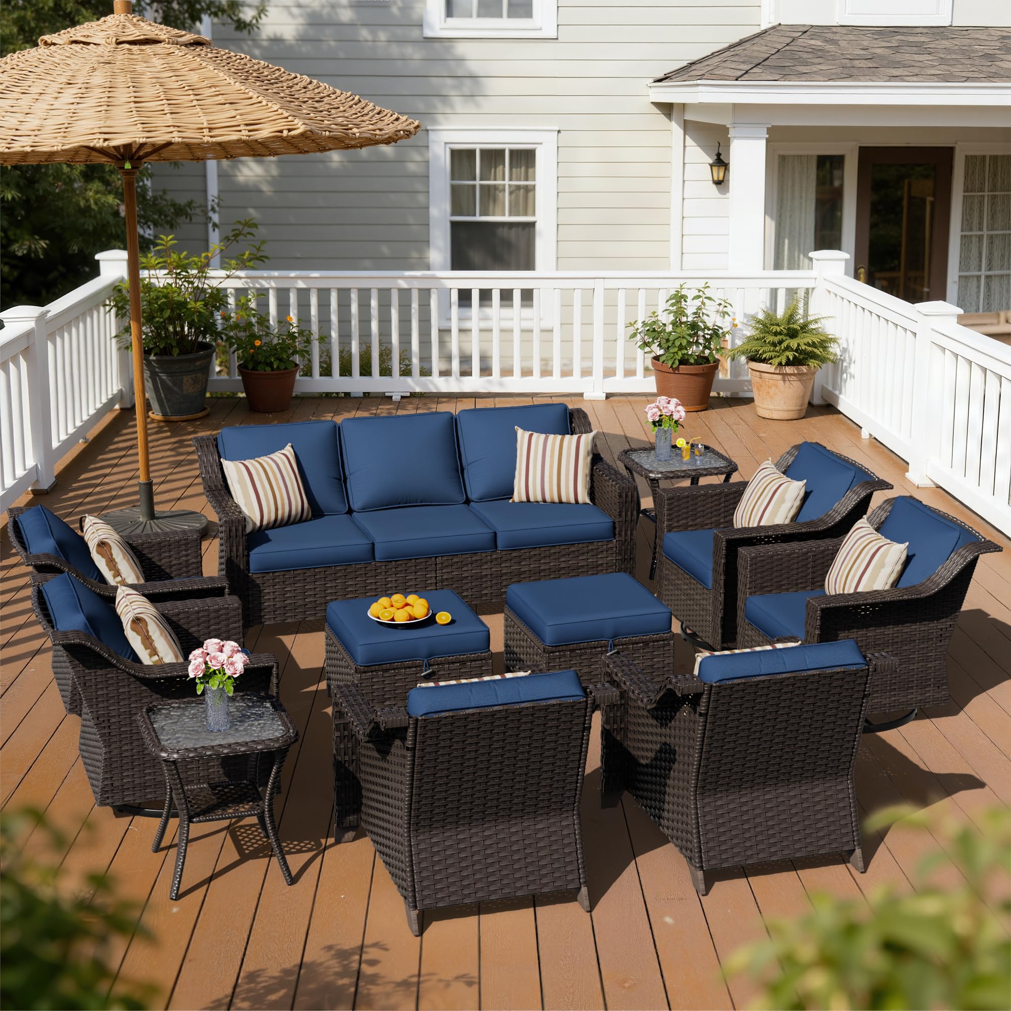 11 Pieces Patio Conversation Furniture Set - 1 Sofa, 2 Ottoman, 2 Armchairs, 4 Swivel Chairs, 2 Side Tables, Outdoor Wicker Furniture with Removable Cushions for Porch, Sunroom (Blue)