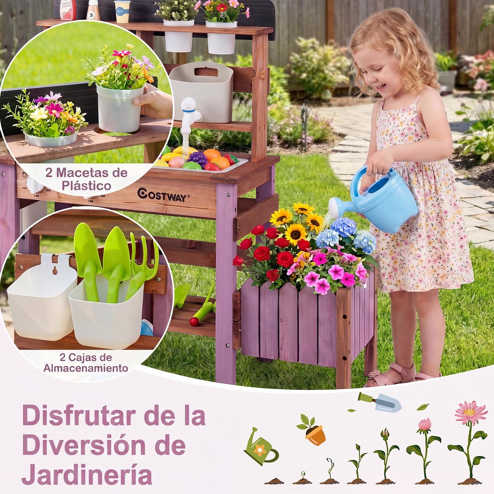 COSTWAY Cocina de Juguete para Niños, Juego de Cocina de Barro de Madera con Jardinera, Fogones, Fregadero Extraíble, Grifo, Depósito de Agua y Estantes, Cocinita Infantil de Exterior para 3+ Años