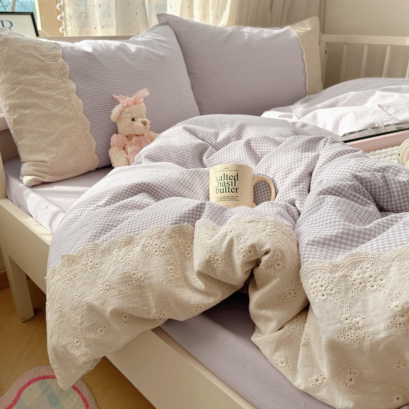 LifeTB Purple Gingham Duvet Cover Twin XL Cozy Washed Microfiber Purple Checkered Plaid Duvet Cover with 2 Pillowcases Romantic White Lace Comforter Cover 3 Pieces Gingham Grid Bedding Set — image 1