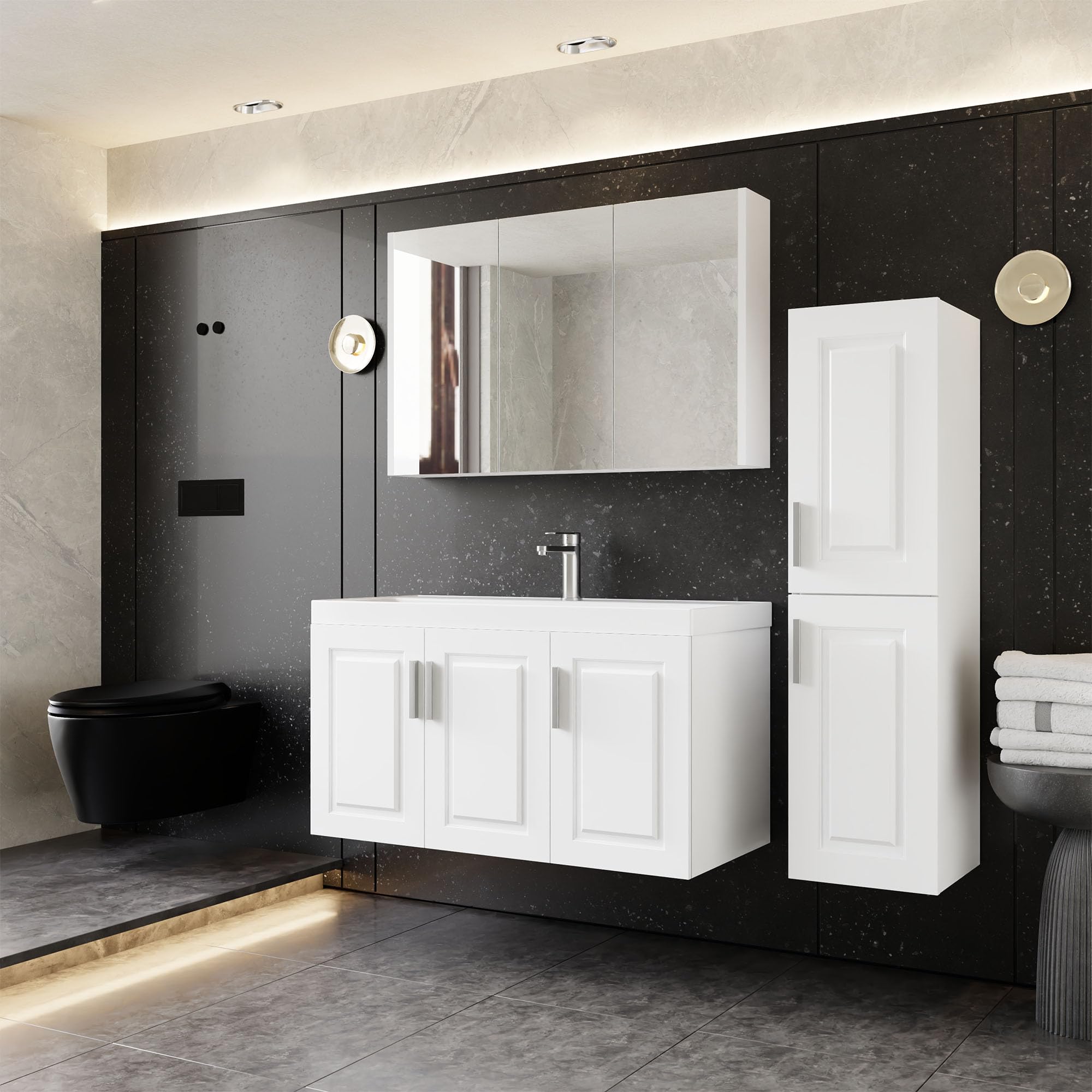 KAREN Badmöbel Set 3-teilig Weiß - Waschtisch Mit Unterschrank & Spiegelschrank