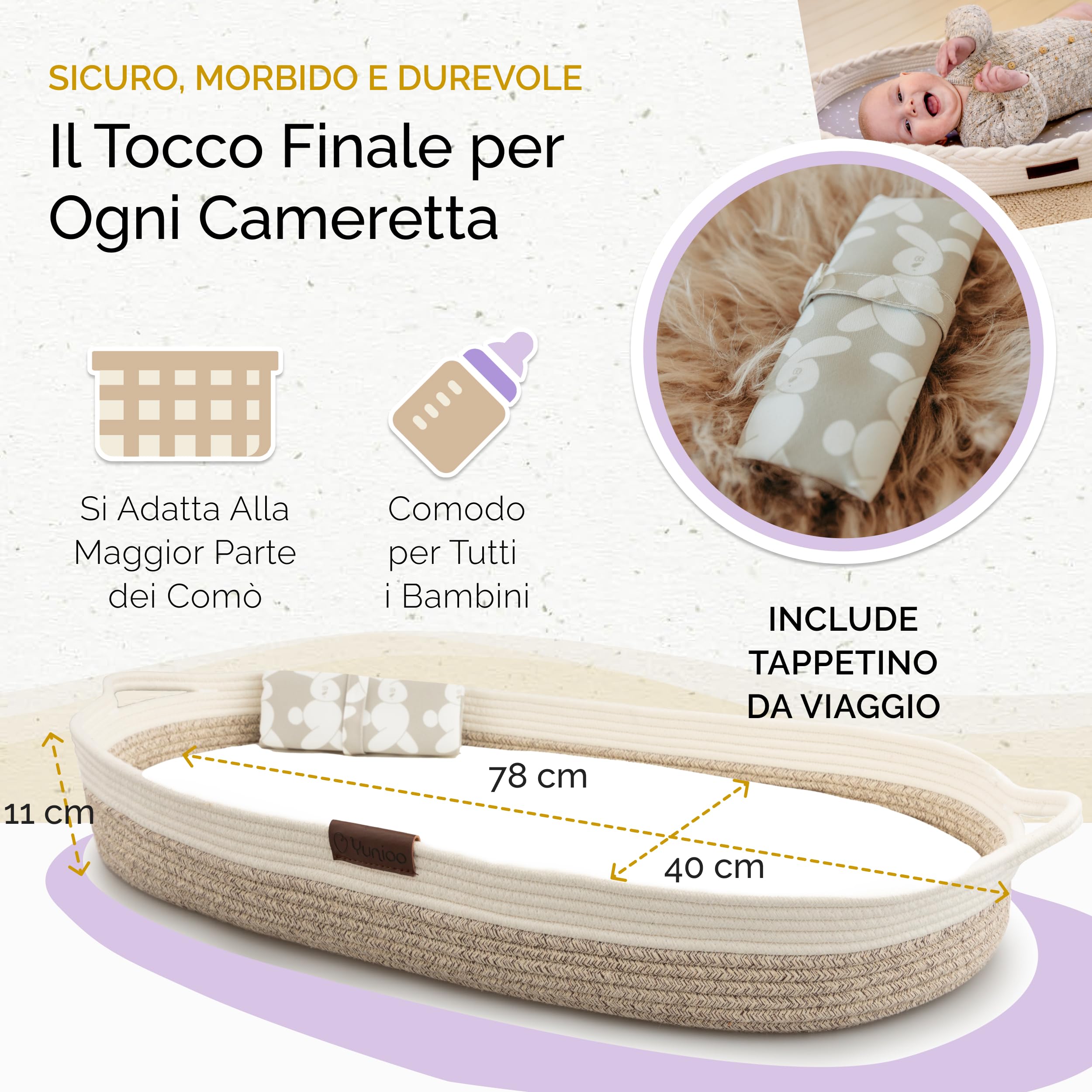 Yunioo Cesta Fasciatoio per Neonato con Materassino Impermeabile e Fasciatoio Portatile Neonato Morbido Cuscino Adatto a Cassettiera e Piano Per il Cambio