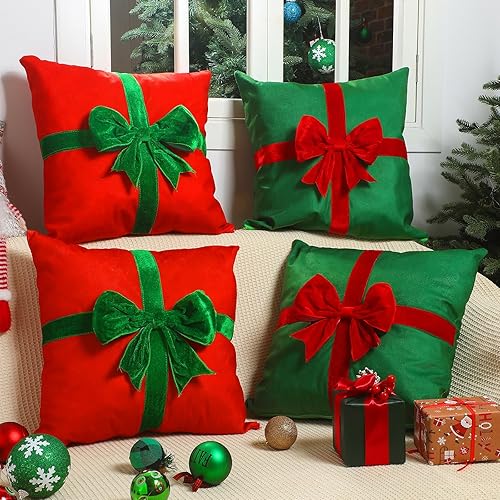 Miniatura 5 de Kingdder 4 fundas de almohada de Navidad, fundas de almohada de Navidad, estilo caja de regalo, fundas de almohadas navideñas de invierno,