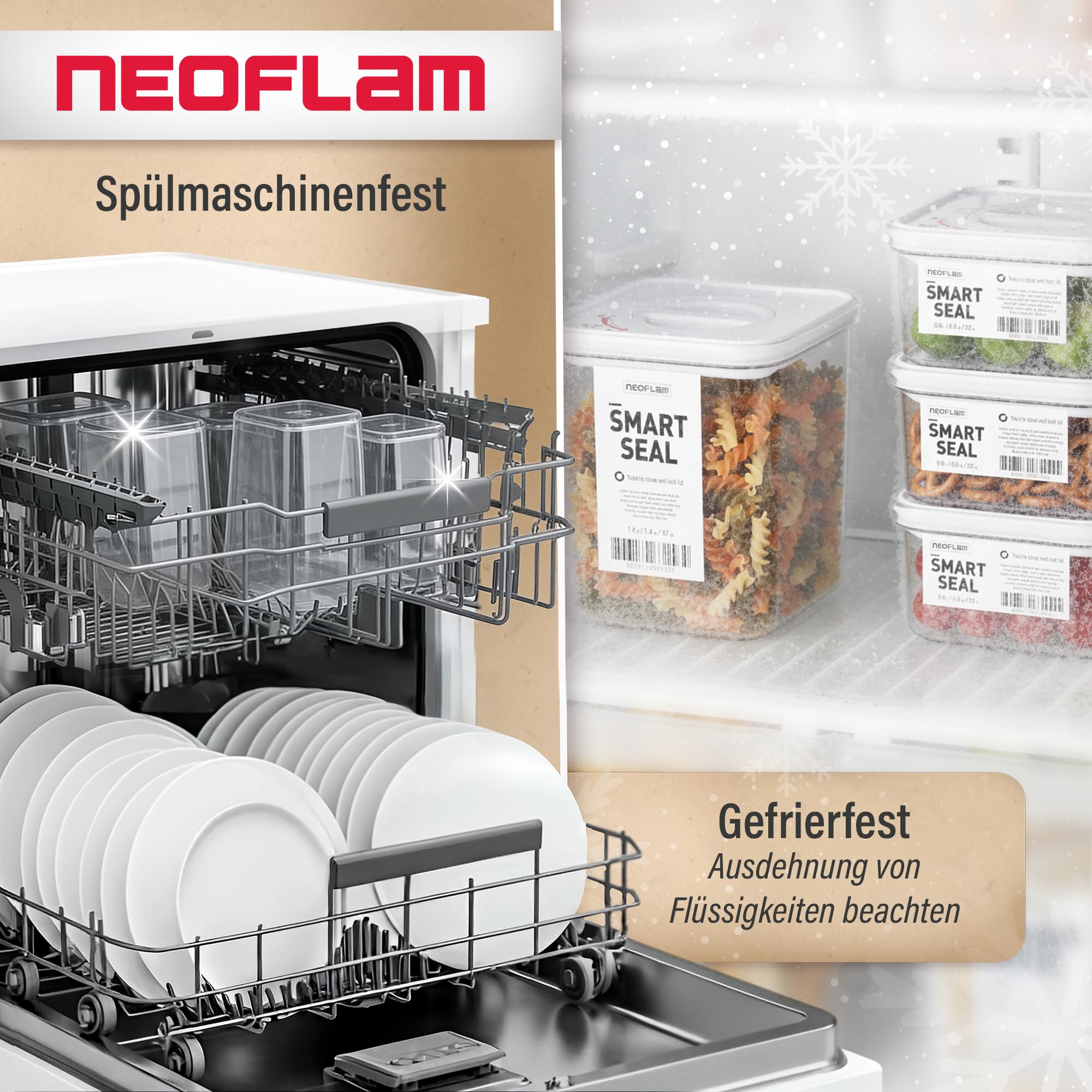 Neoflam Contenitori con coperchio, ermetici, set da 4 pezzi, senza BPA, con chiusura a vite con una sola mano, contenitori salvafreschezza per alimenti, coperchio nero, 2 x 1,35 l, 2 x 2,1 l