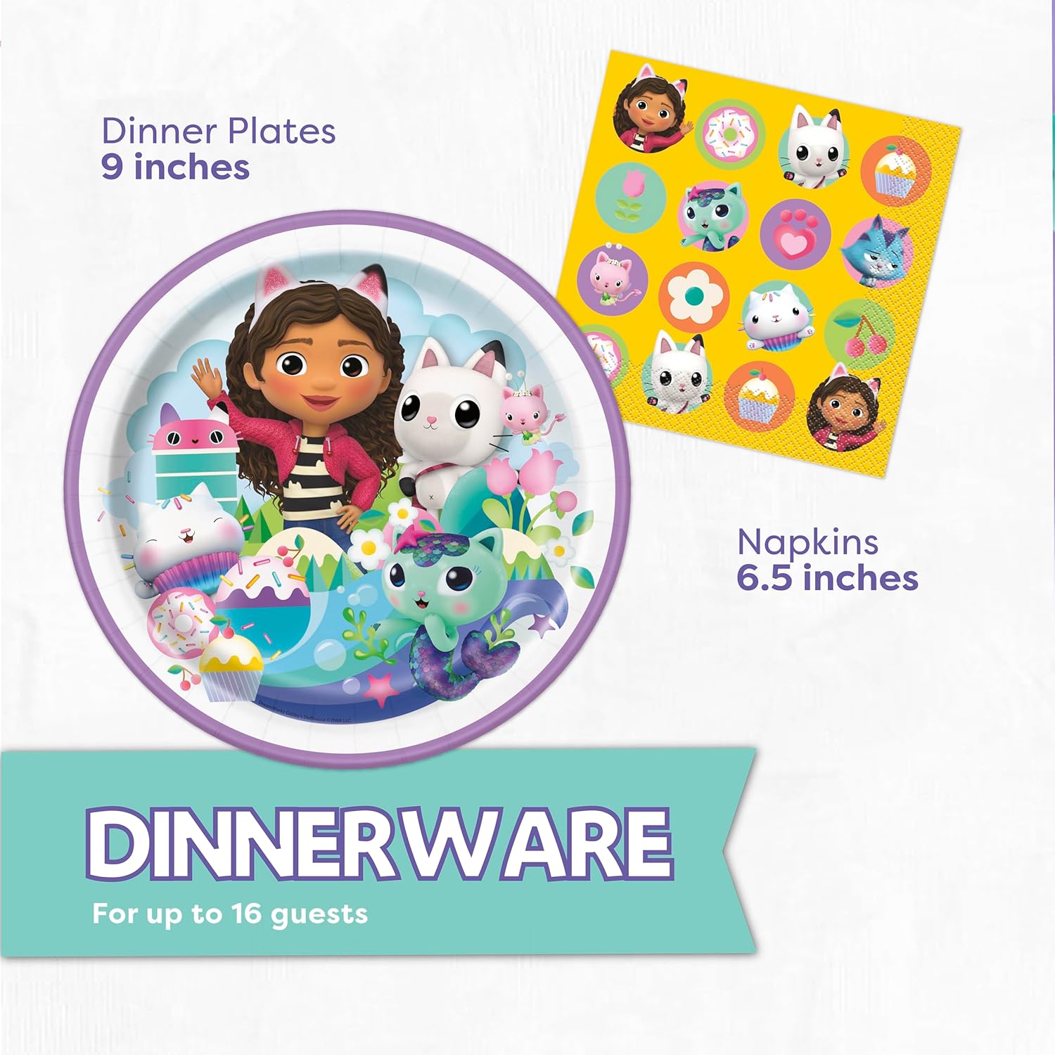 Gabby Dollhouse Party Decorations for Birthday | Serves 16 | Banner, Tablecloth, Plates, Napkins, Sticker | Officially Licensed