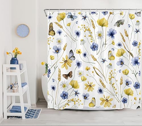 Miniatura 3 de EOBTAIN Cortina de ducha de flores silvestres amarillas para baño, cortina de ducha azul floral y mariposa sobre blanco con 12 ganchos, juego de