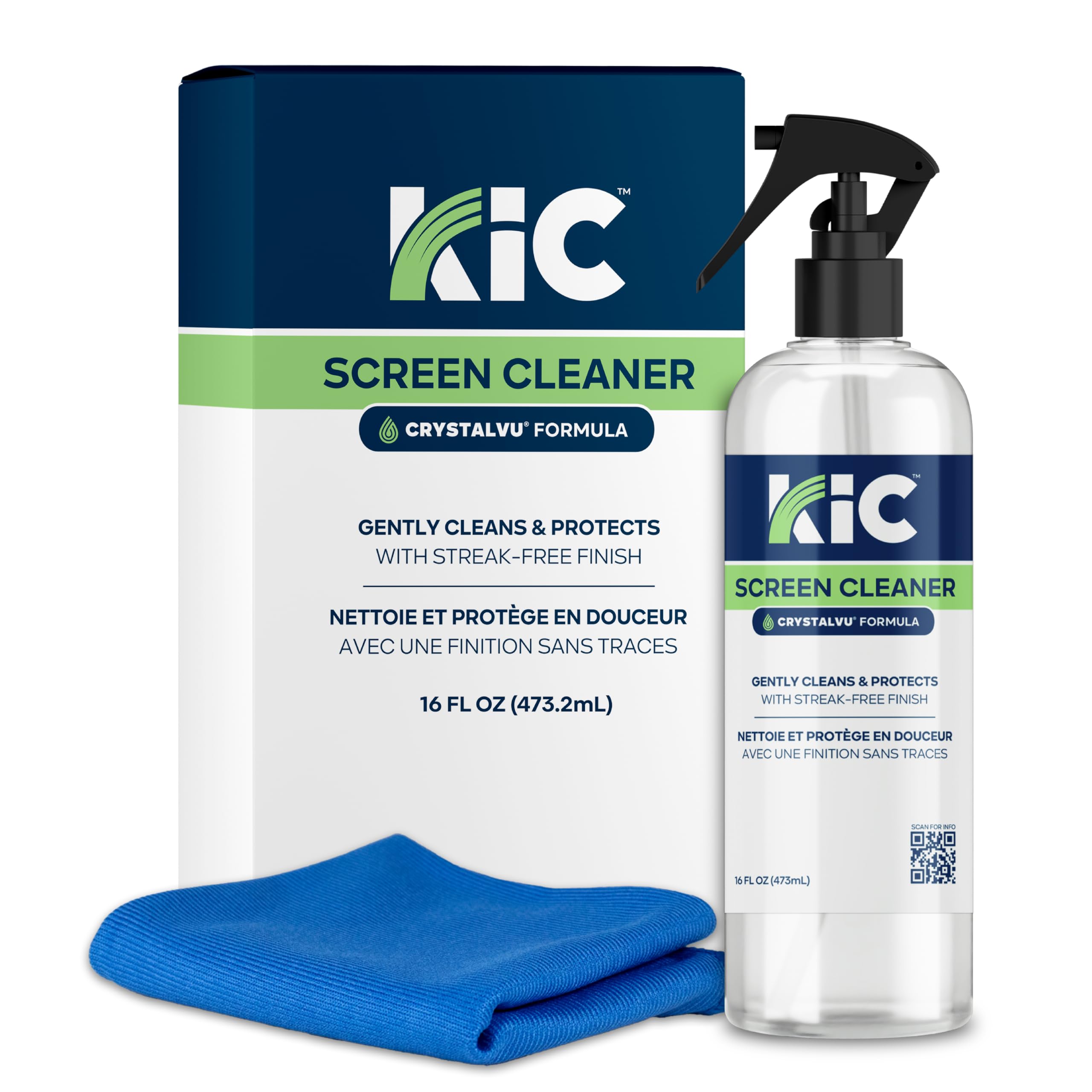 KICTeam – CrystalVu® Screen Cleaner Spray Kit with Microfiber Cloth – Streak-Free Cleaner for TV, Phone, Laptop, Monitor & Tablet Screens (16oz)