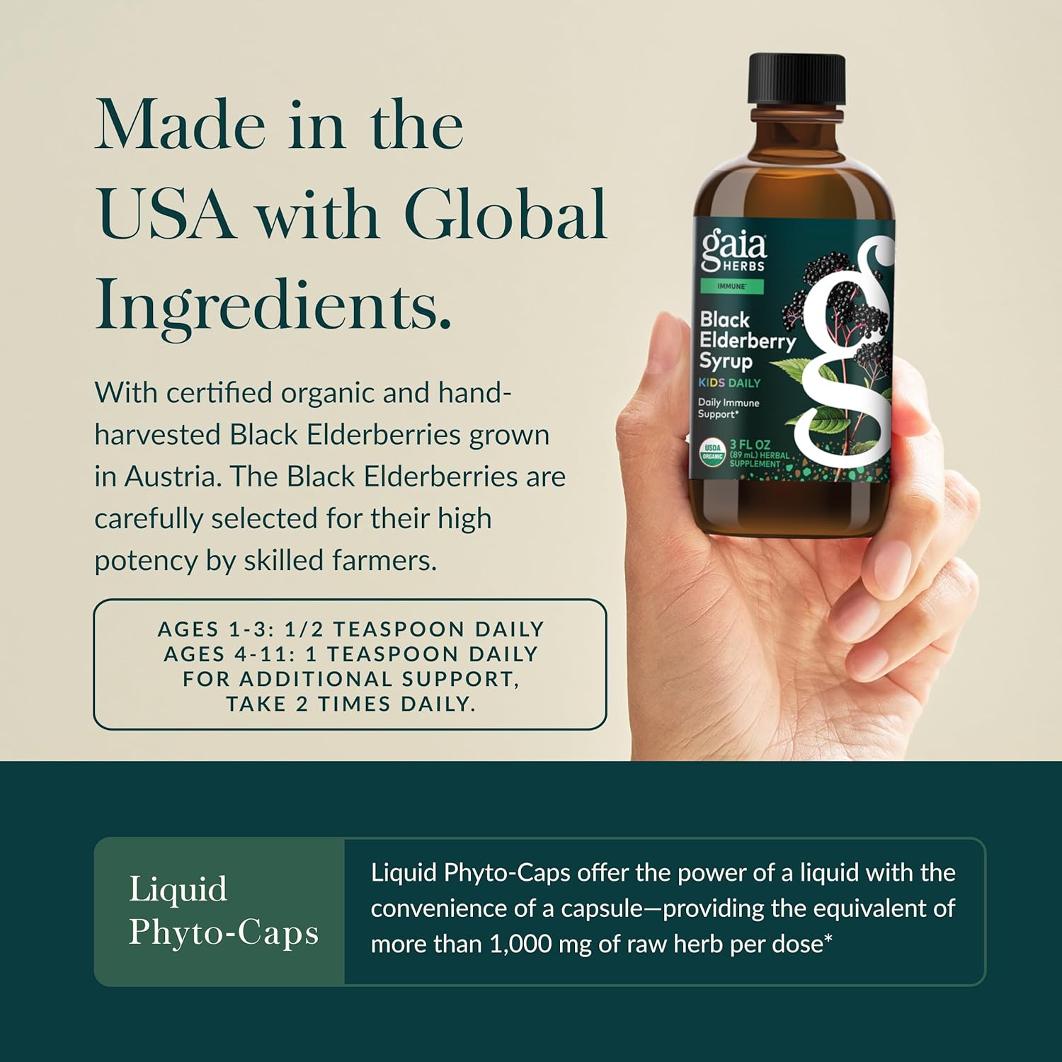 Gaia Herbs GaiaKids Black Elderberry Syrup - Delicious Immune Support Supplement for Kids* - with Organic Black Elderberries & Honey - USDA Certified Organic Syrup - 3 Fl Oz (About 18 to 36 Servings) - Image 4