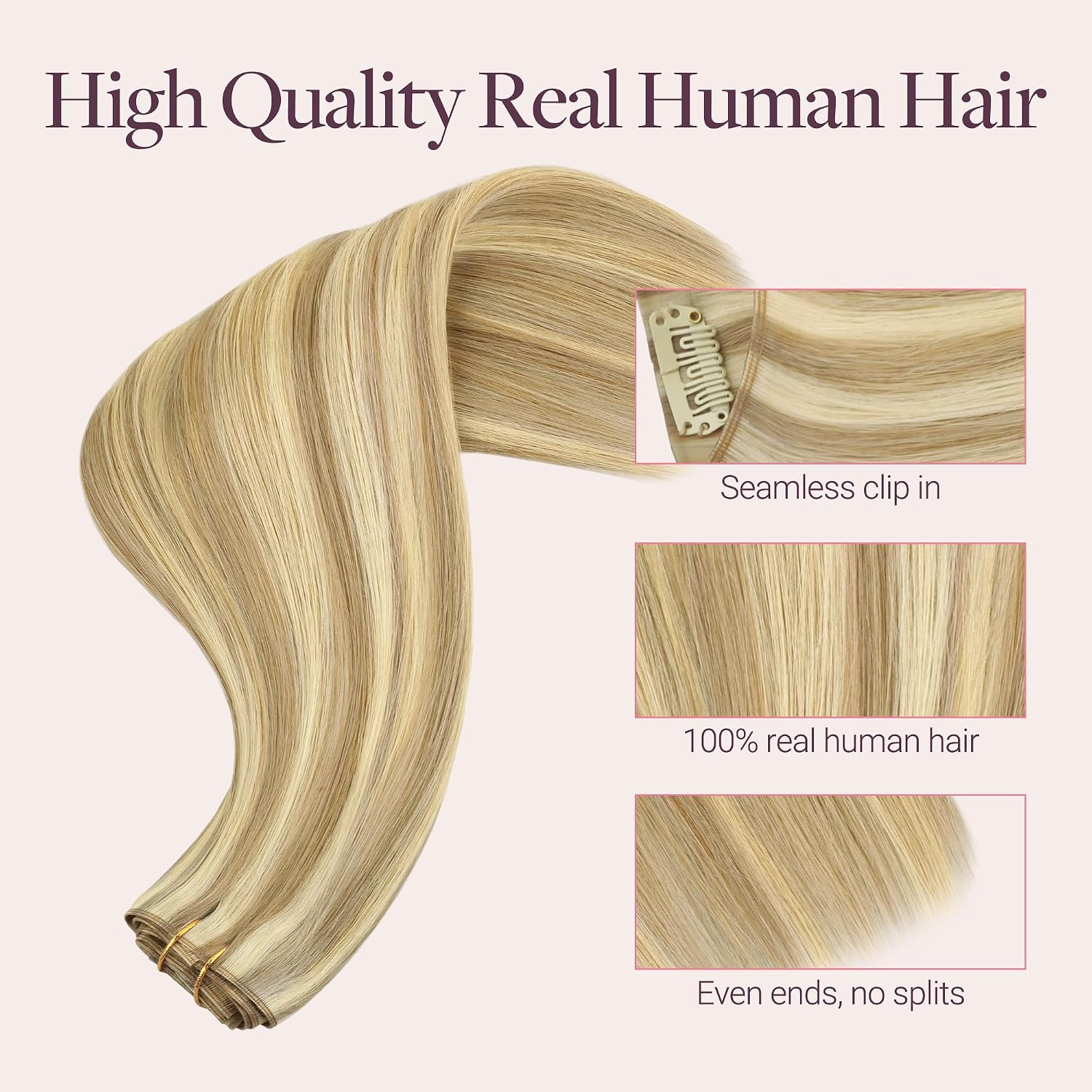 GOO GOO Genius Clip in Hair Extensions, 20inch 150g 7pcs, Seamless PU Clip in Hair Extensions, Straight Virgin Real Human Hair, 16/22A Light Blonde Highlighted Golden Blonde