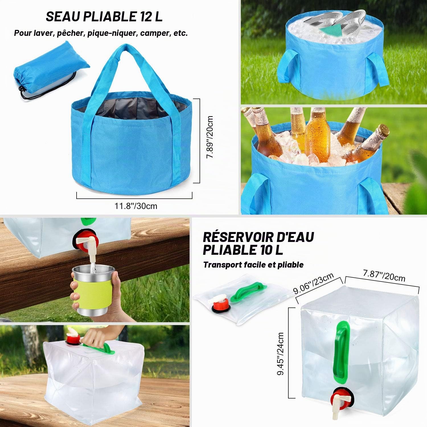 Odoland Multi-PCS Kit de Casseroles Camping, Cookware Kit Durable et Compact avec réservoir d'eau Pliable 12L et Seau, Bouilloire et Tasses en Acier Inoxydable pour Randonnée/Outdoor/Pique-Nique