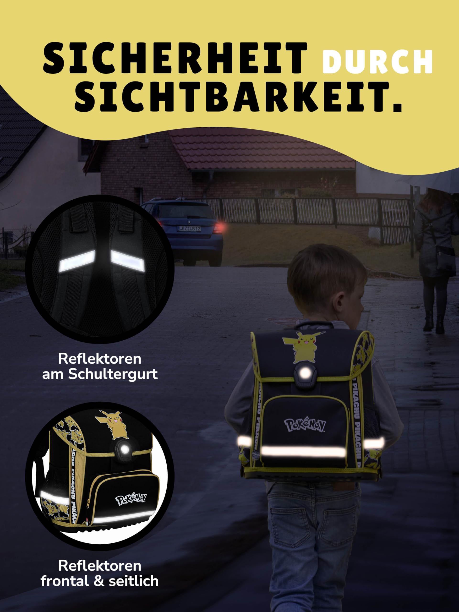 Familando - Schulranzen Set 10-teilig mit Schultüte - Pokémon mit Pikachu Motiv - Ergonomisch, stabil & mit gepolstertem Rücken - 990g leicht, 16L Volumen - Mit Reflektoren - ab 1. Klasse