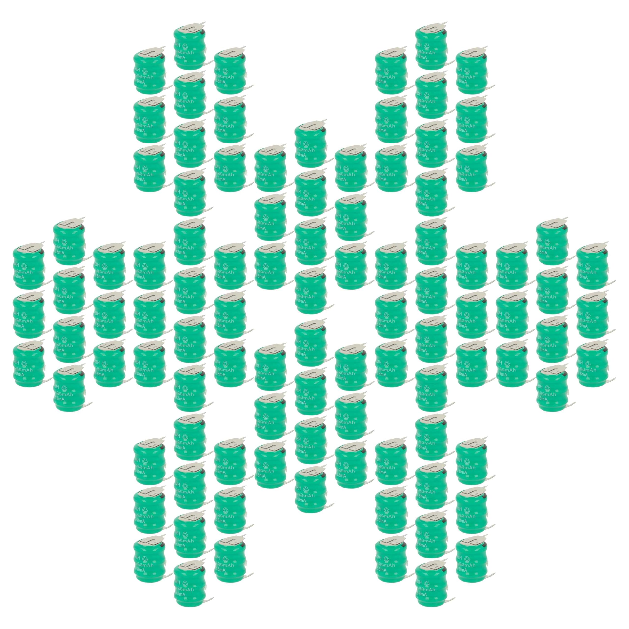 vhbw 100x NiMH Batería de botón de Repuesto Tipo V80H 3 Pines 80 mAh 3,6 V Compatible para lámparas solares, etc.
