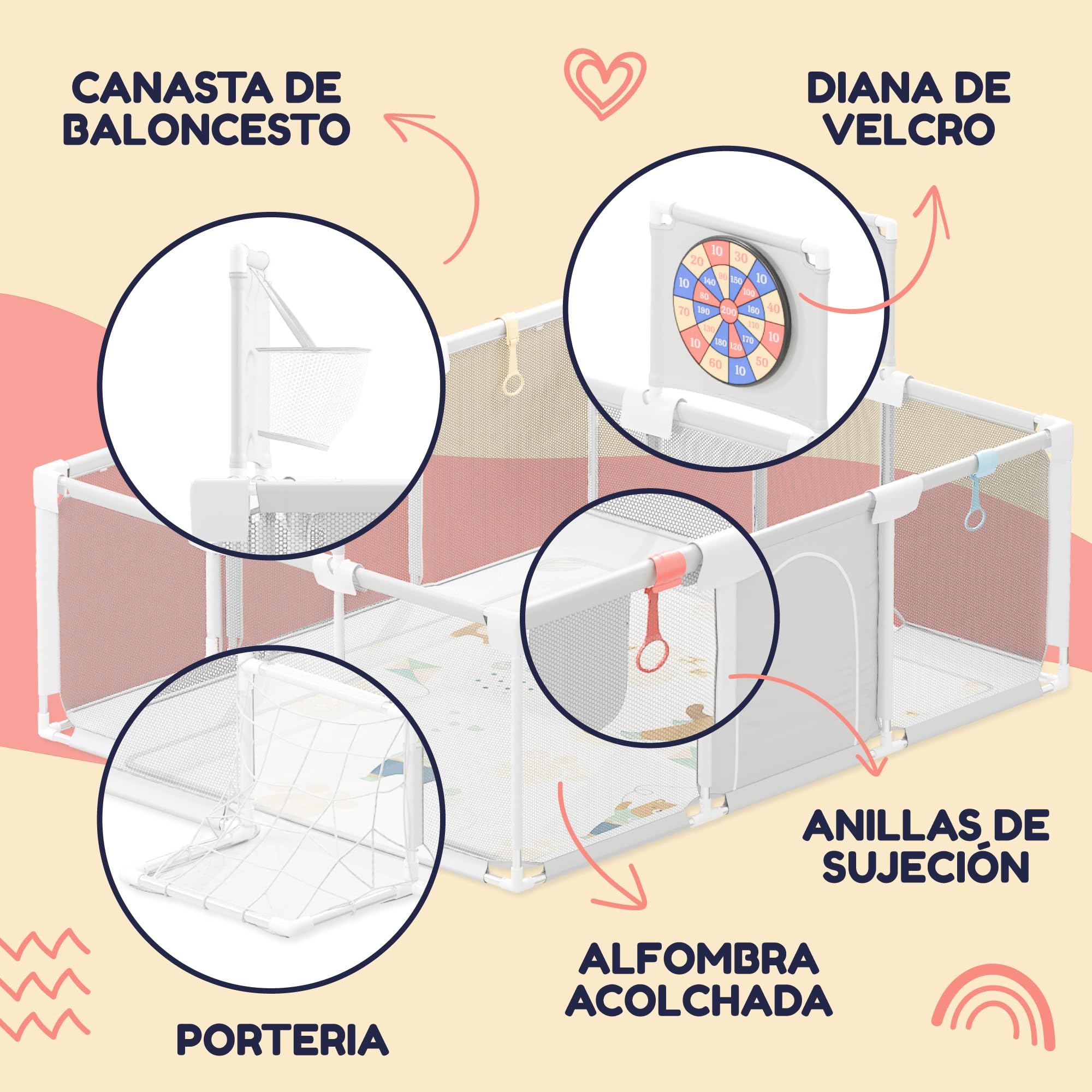 Parque Infantil Bebe 120x180cm - Corralito Bebe Acolchado - Equipado con alfombra musical, Diana de Velcro, Canasta, Portería y más accesorios - Parque para Bebes Seguro - Ver video para el montaje