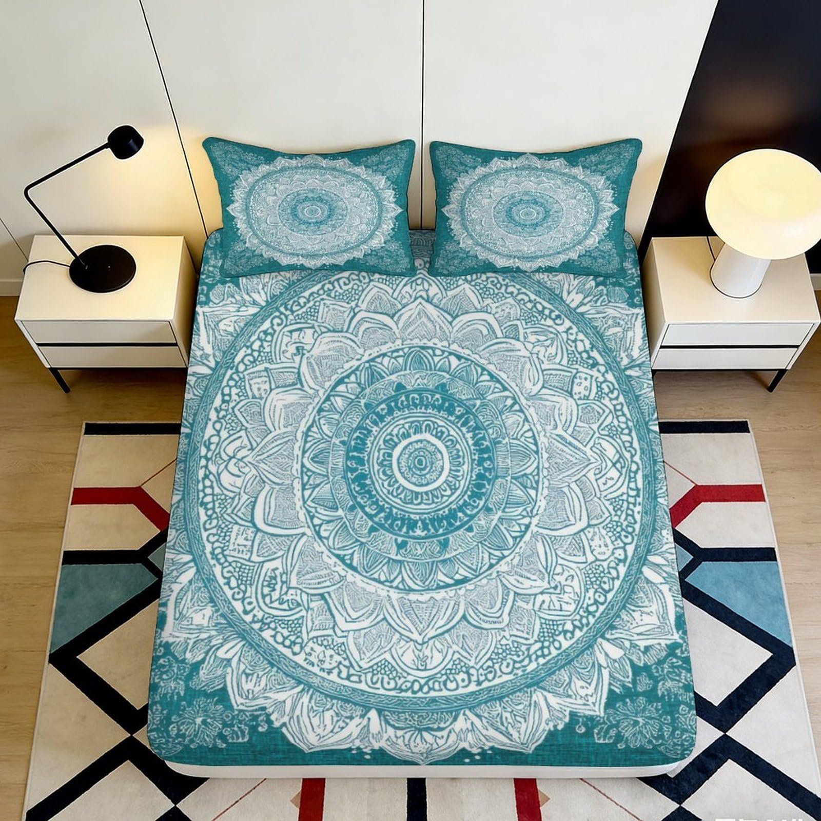 3D Printed Mandala Pattern Fitted Sheet Microfiber Blue Boho Ethnic Bed Cover for Bedroom Guest Room Decor 90x200x25cm