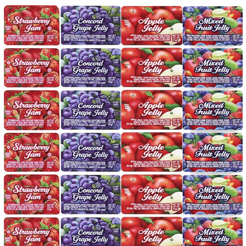 Assorted Jelly & Jam Cups Variety Pack, 0.5 oz Single Serve Portions – Apple, Grape, Strawberry Jam & Mixed Fruit Jelly – 60 Count Individual Mini Cups for Breakfast, Hotels, Restaurants, Lunchboxes & Catering