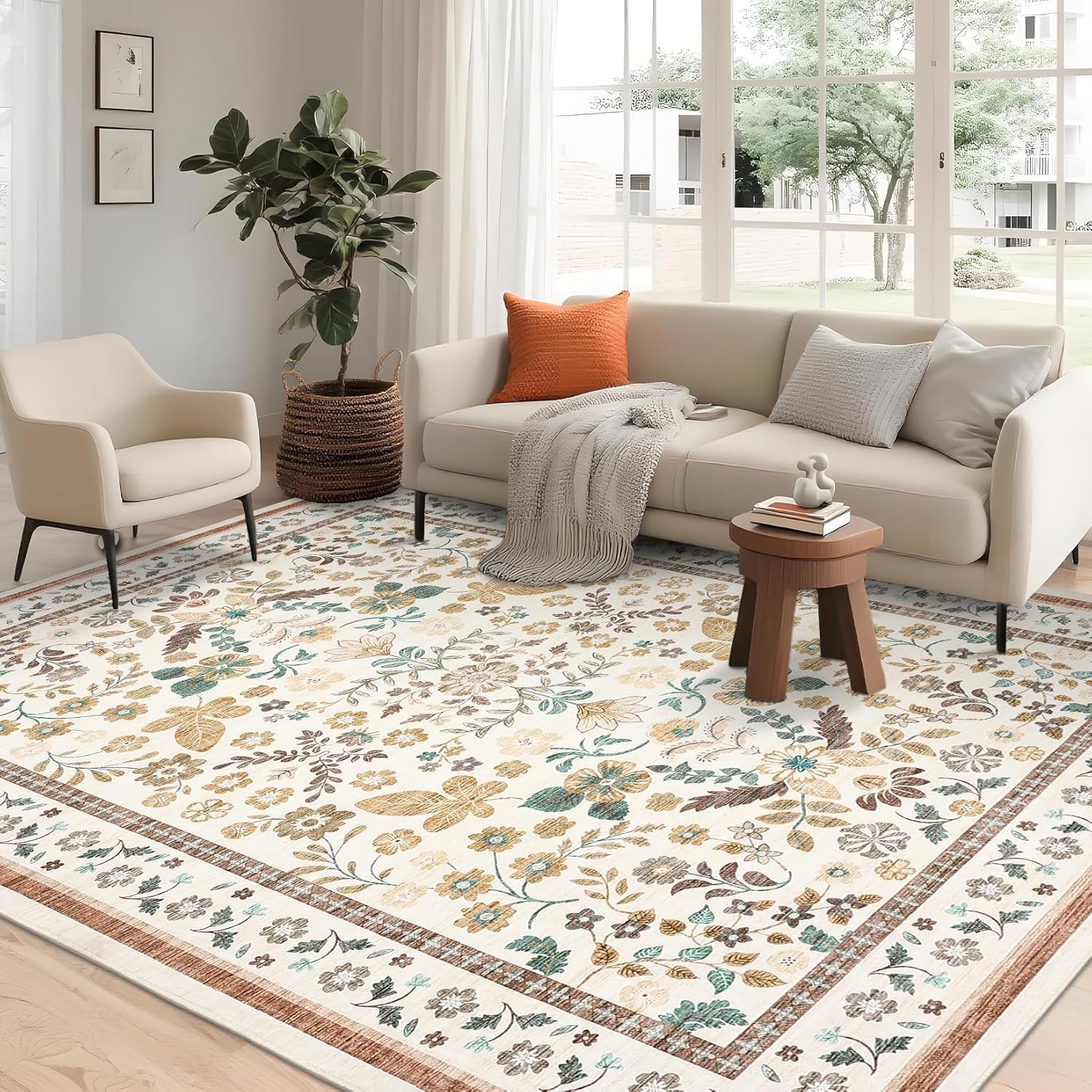 Tappeto Decorazioni interni Grande Salotto Soggiorno, Lavabile,Personalizzato,Motivo floreale orientale nei toni del beige, verde, marrone e blu, 200 x 290 cm.