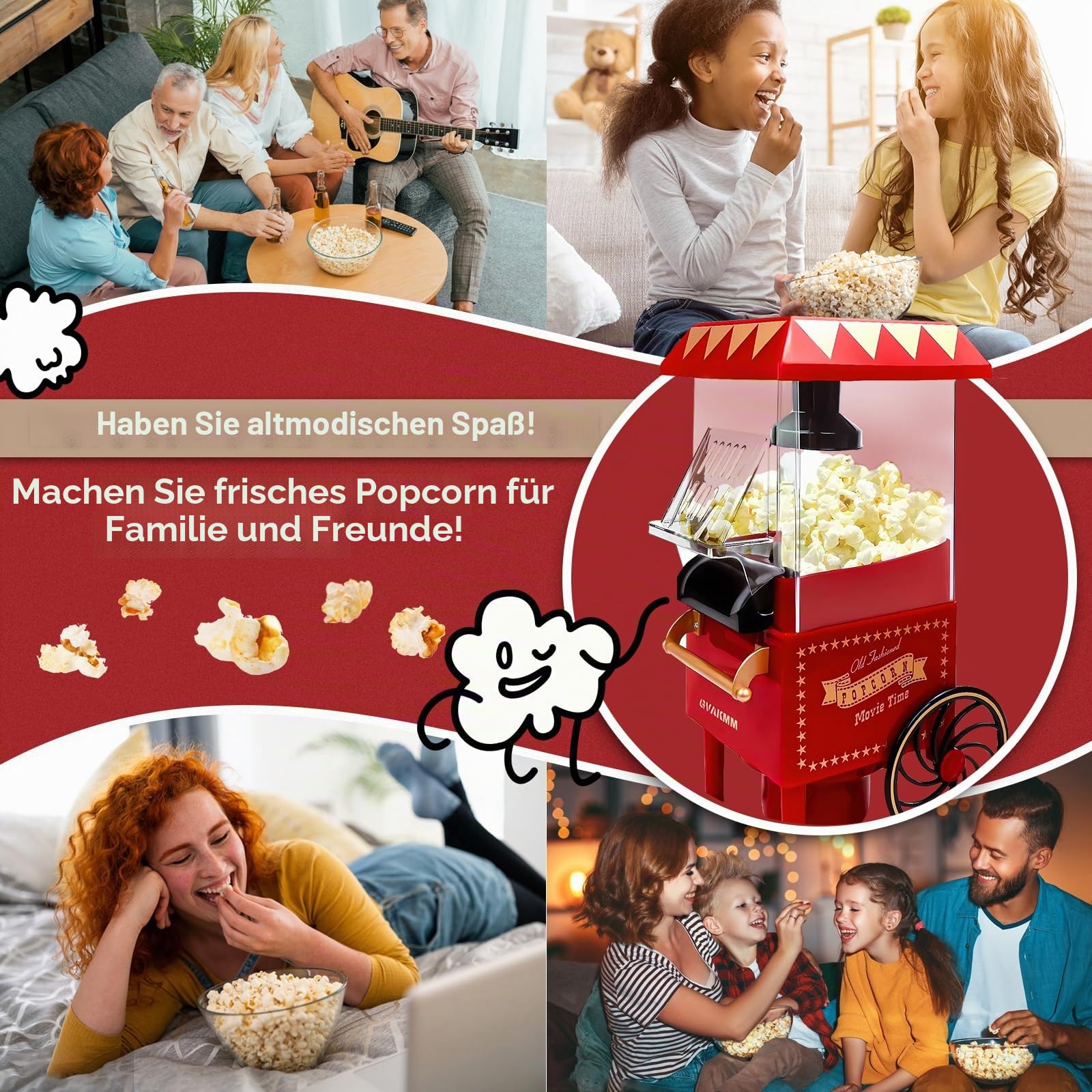Popcorn-Maschine, Heißluft-Popcorn-Maker-Set, Geschenk-Box, tragbare Popcorn-Popper-Maschine, 10 Tassen, ölfrei, Retro-Stil, kompakt, EU