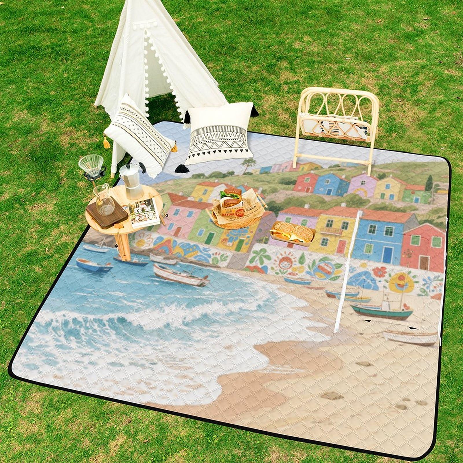 Tappetino da spiaggia con stampa di città colorata, portatile, extra large, adatto per viaggi, escursioni, festival musicali, prati, spiagge, picnic all'aperto